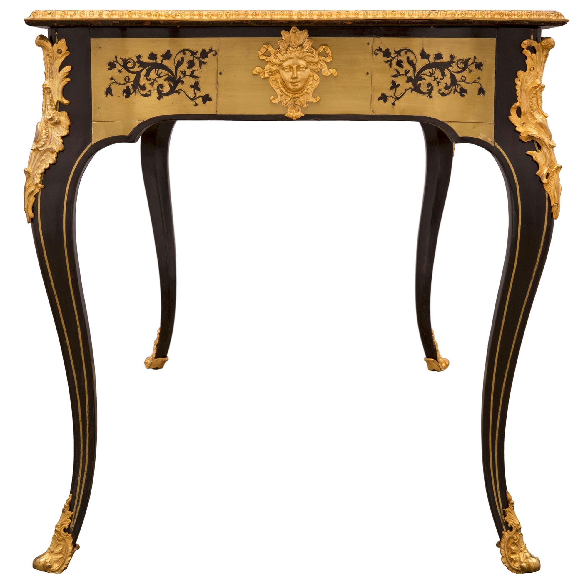 French 19th Century Louis XV St. Ebony, Tortoiseshell, Brass, and Leather Desk For Sale 1