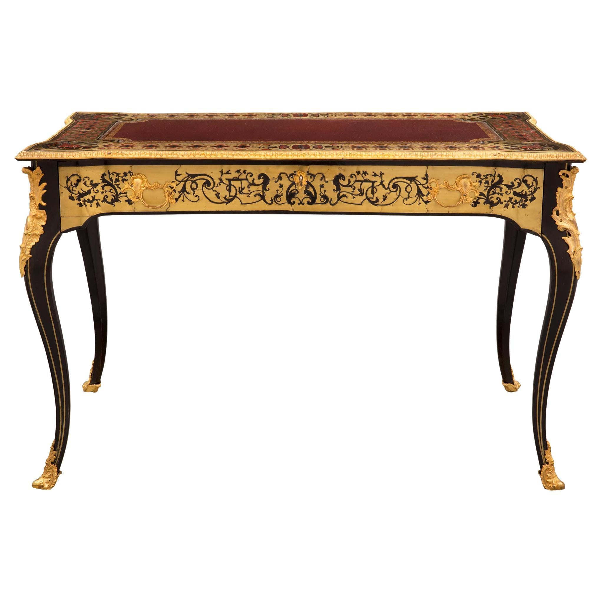 French 19th Century Louis XV St. Ebony, Tortoiseshell, Brass, and Leather Desk For Sale
