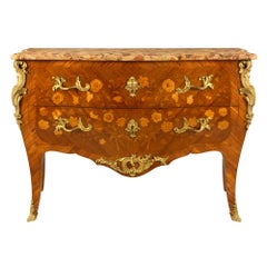 French 19th Century Louis XV St. Exotic Wood Floral Marquetry Commode