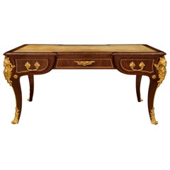 French 19th Century Louis XV Style Flamed Mahogany and Ormolu Bureau Plat Desk