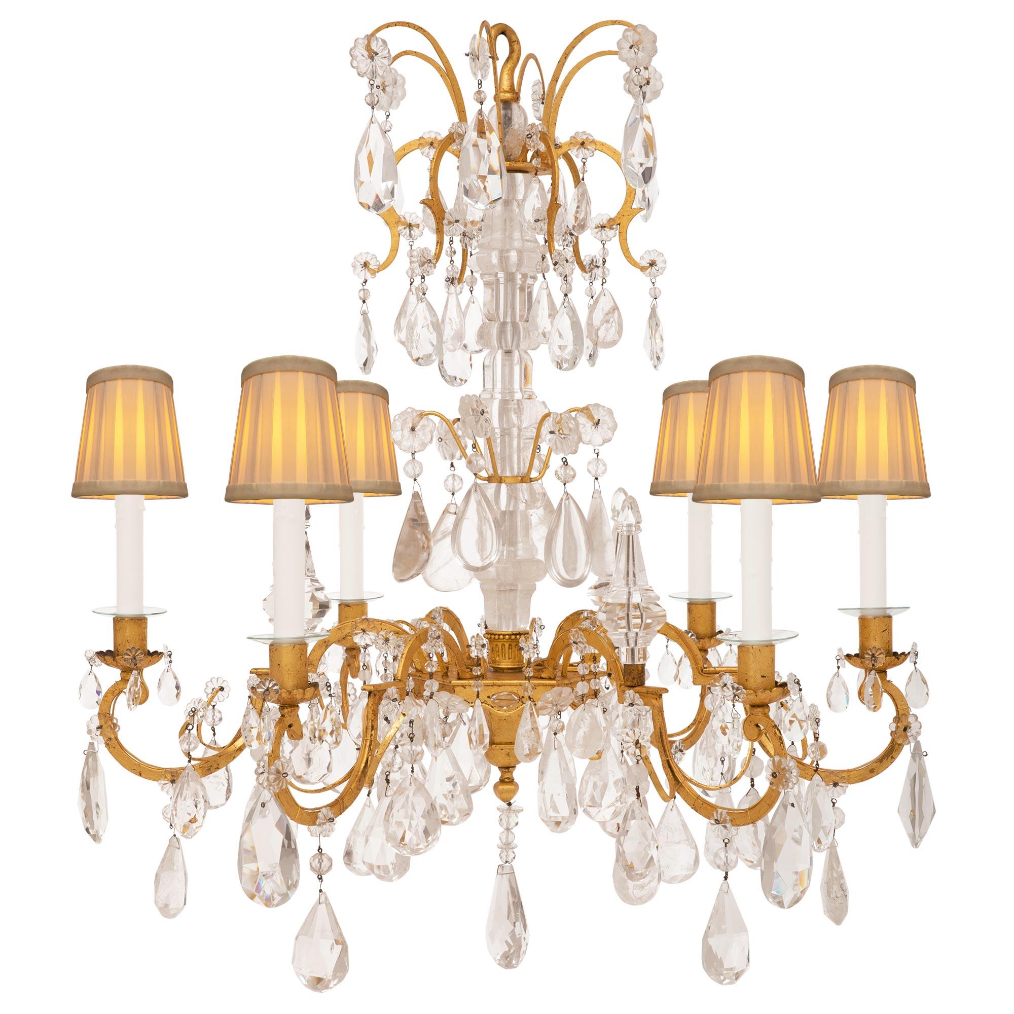 French 19th Century Louis XV St. Gilt Metal and Rock Crystal Chandelier For Sale