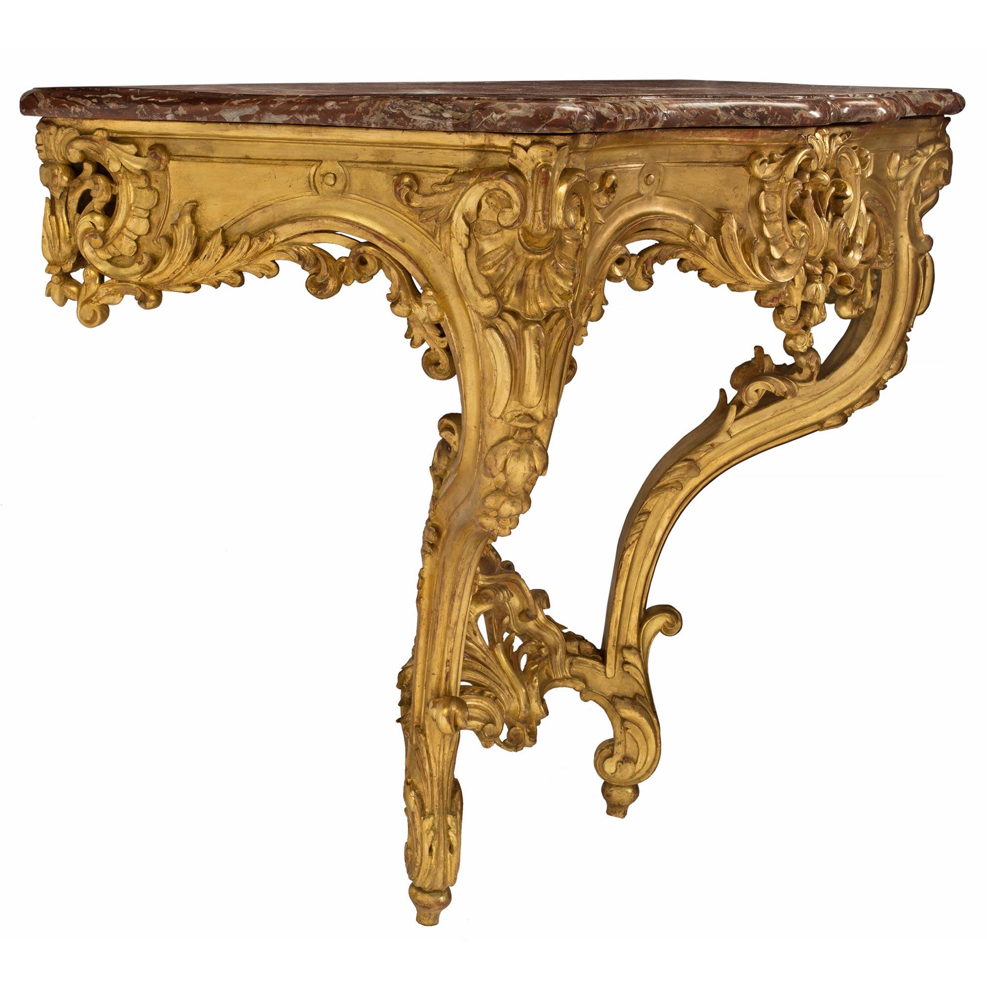 French 19th Century Louis XV St. Giltwood and Marble Wall Mounted Console In Good Condition For Sale In West Palm Beach, FL