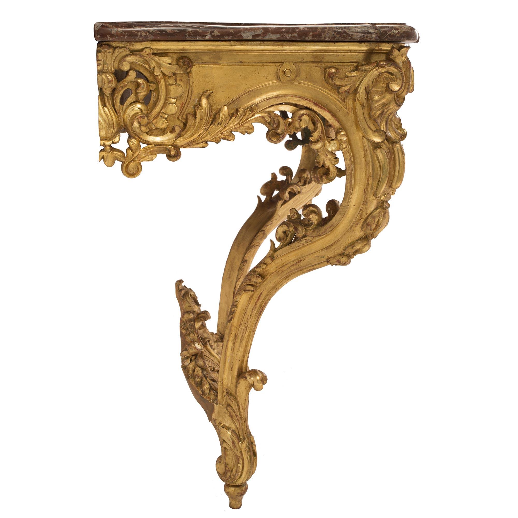 French 19th Century Louis XV St. Giltwood and Marble Wall Mounted Console For Sale 1
