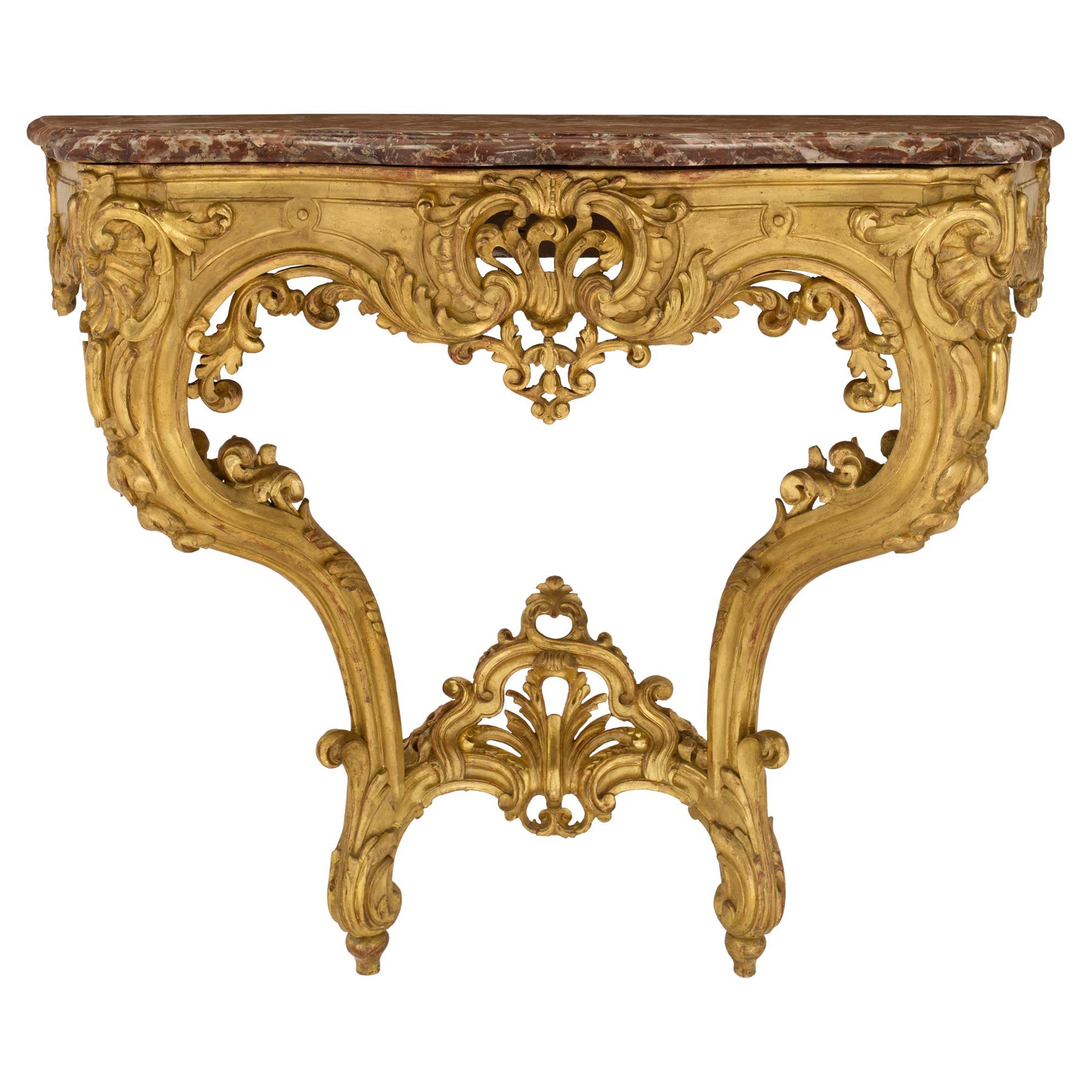 Console murale française du 19ème siècle de style Louis XV en bois doré et marbre