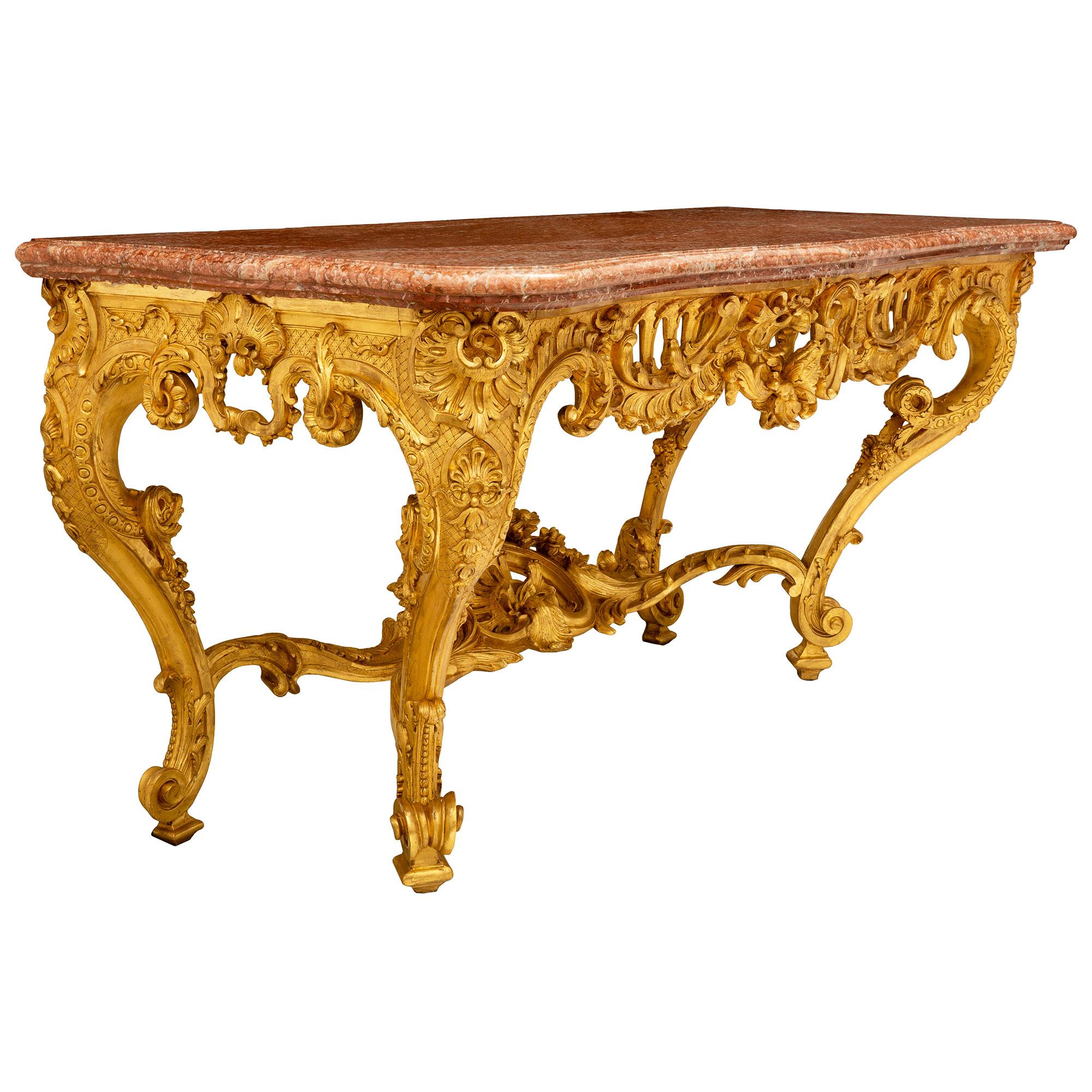 French 19th Century Louis XV St. Giltwood and Rouge De Languedoc Marble Console For Sale 1