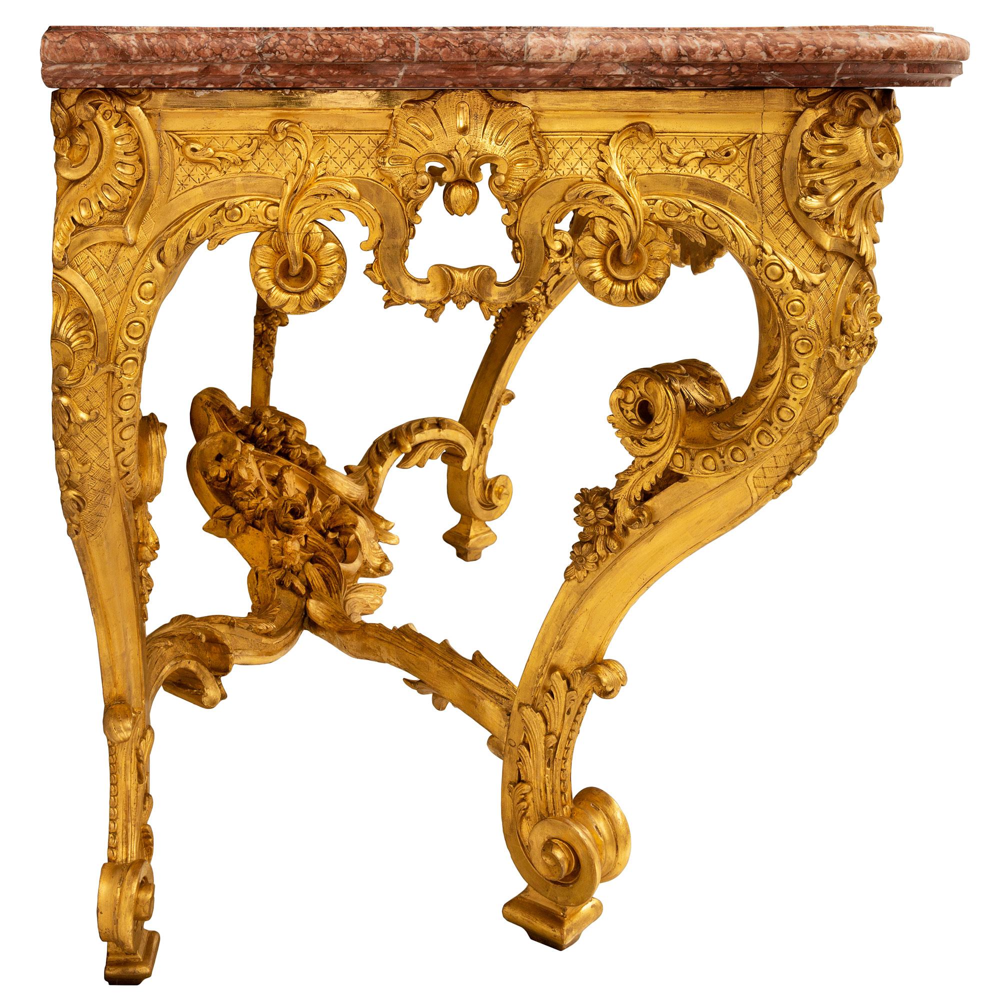 XIXe siècle Console française du 19ème siècle de style Louis XV en bois doré et marbre rouge de Languedoc en vente