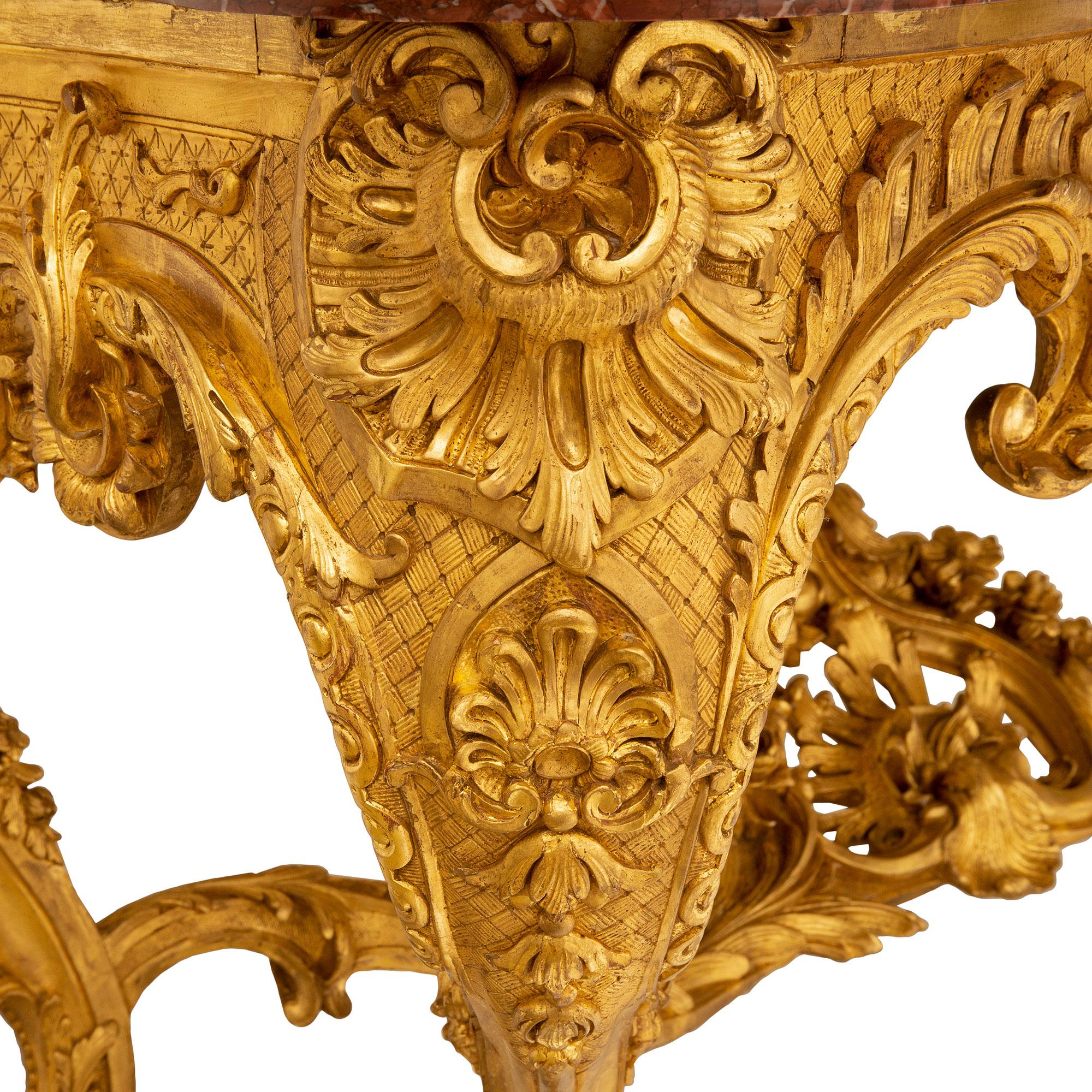 Marbre Console française du 19ème siècle de style Louis XV en bois doré et marbre rouge de Languedoc en vente