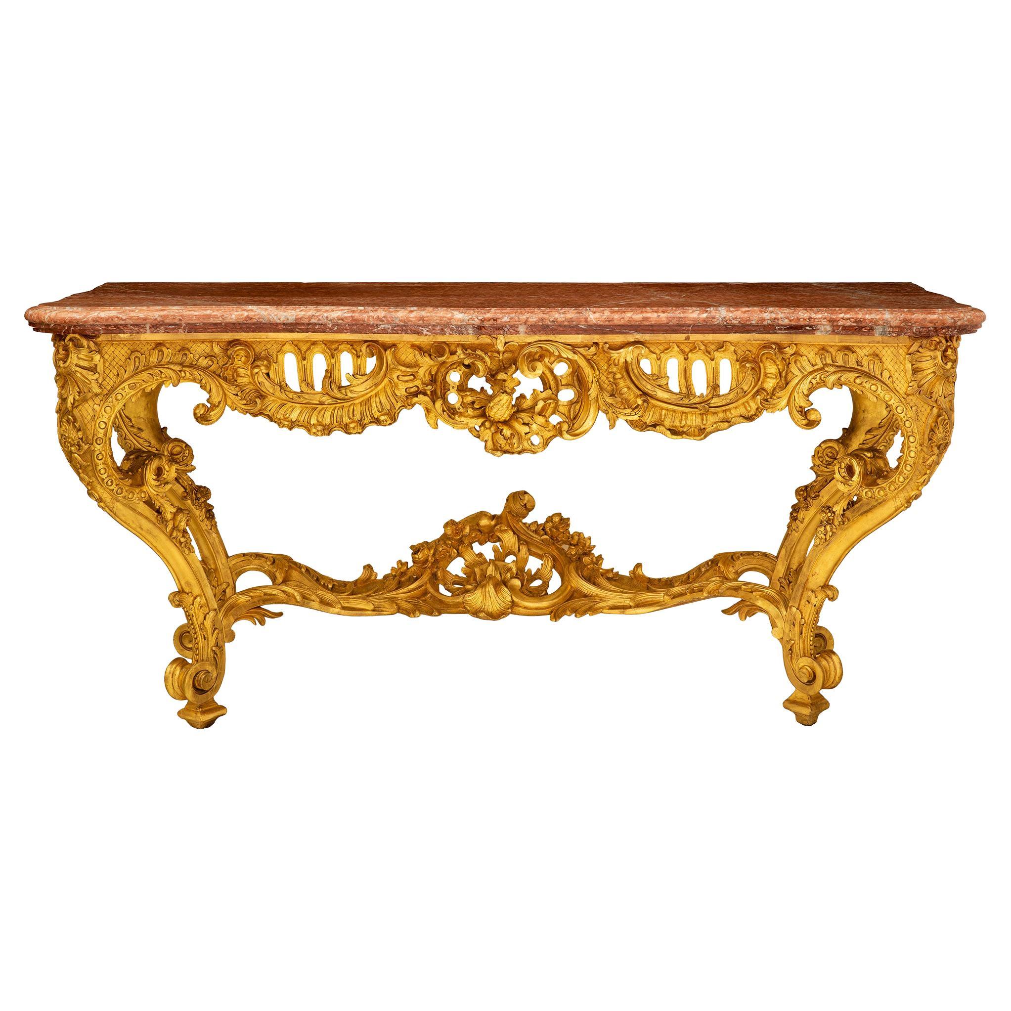 Console française du 19ème siècle de style Louis XV en bois doré et marbre rouge de Languedoc