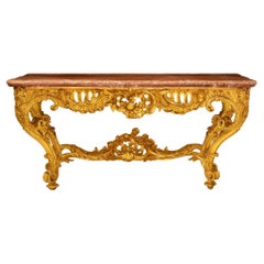 Console française du 19ème siècle de style Louis XV en bois doré et marbre rouge de Languedoc