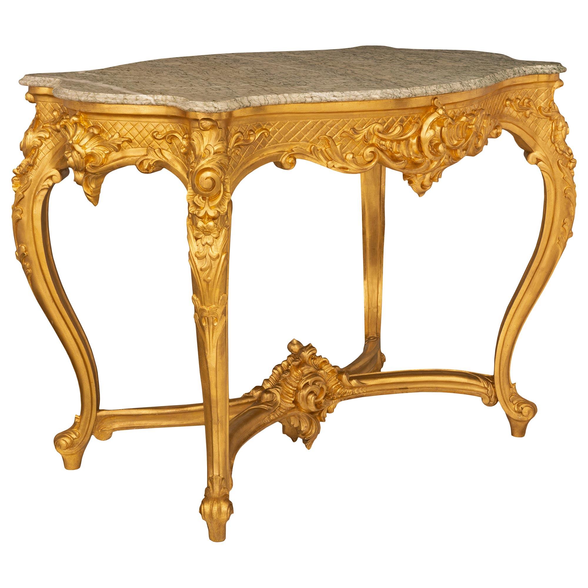 French 19th Century Louis XV St. Giltwood And Vert Campan Marble Center Table In Good Condition For Sale In West Palm Beach, FL