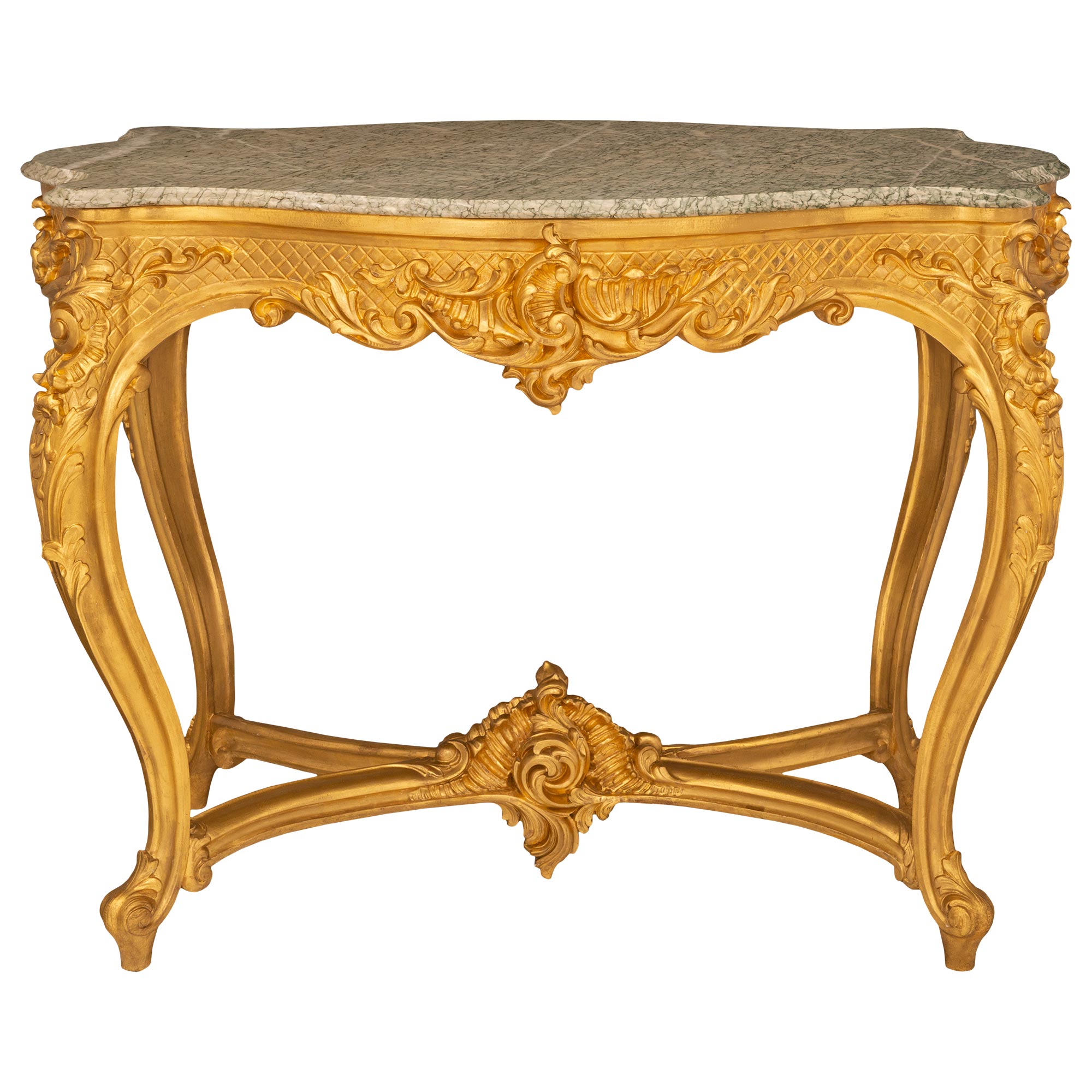 French 19th Century Louis XV St. Giltwood And Vert Campan Marble Center Table