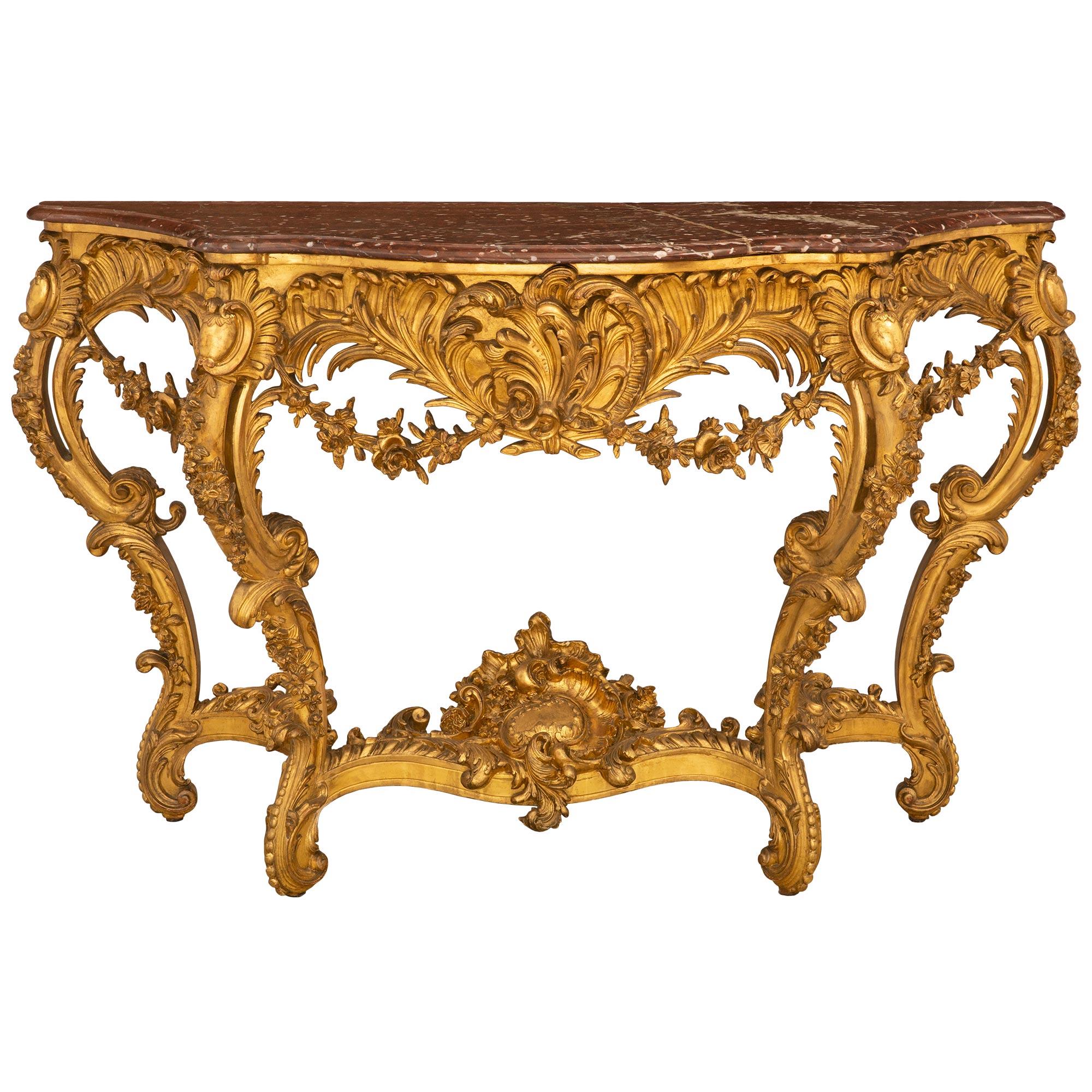 French 19th Century Louis XV St. Giltwood Console with the Original Marble Top In Good Condition For Sale In West Palm Beach, FL