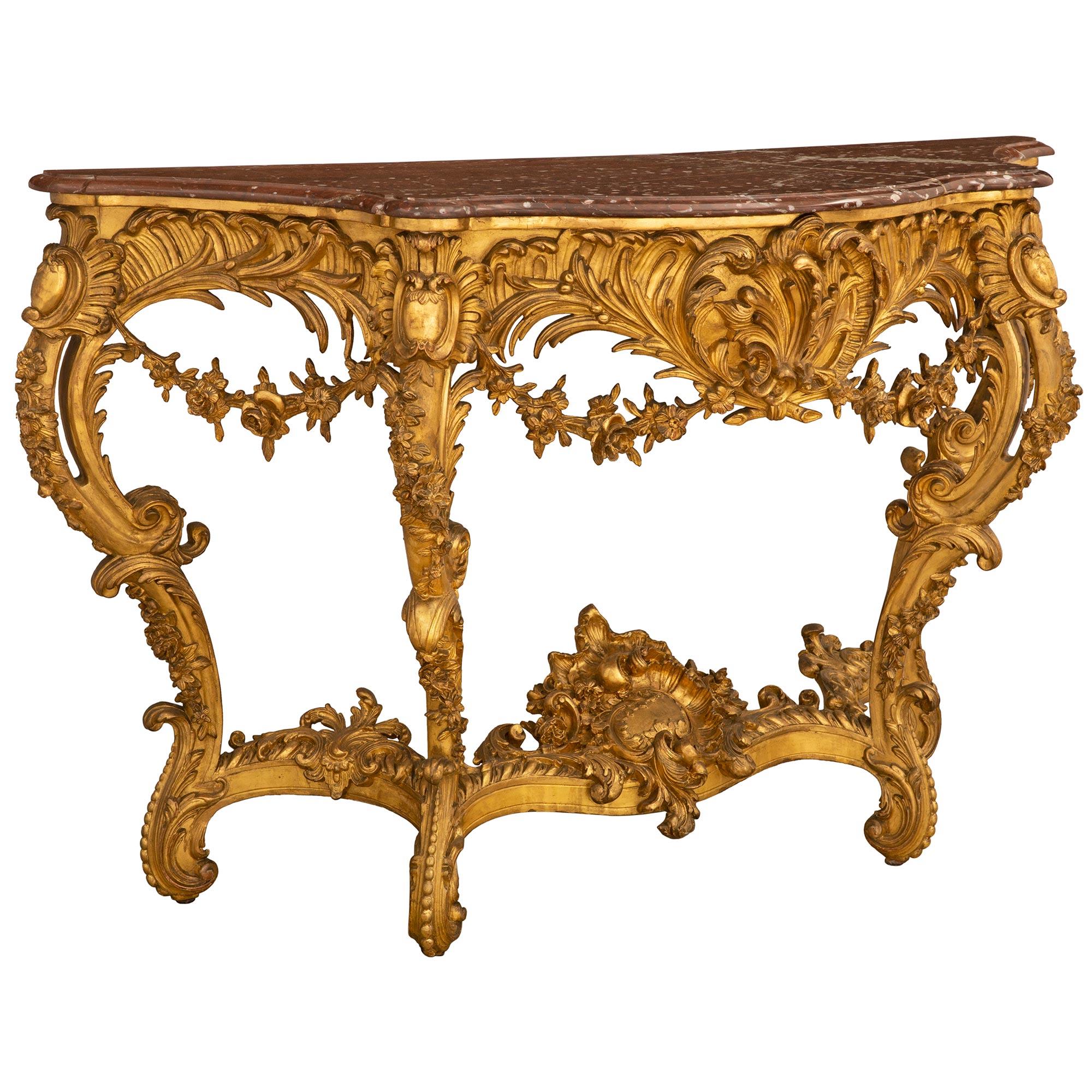 French 19th Century Louis XV St. Giltwood Console with the Original Marble Top For Sale 1
