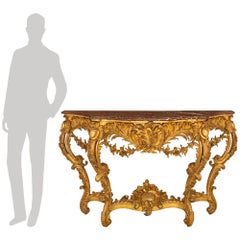 Console française du 19ème siècle en bois doré de style Louis XV avec plateau en marbre d'origine
