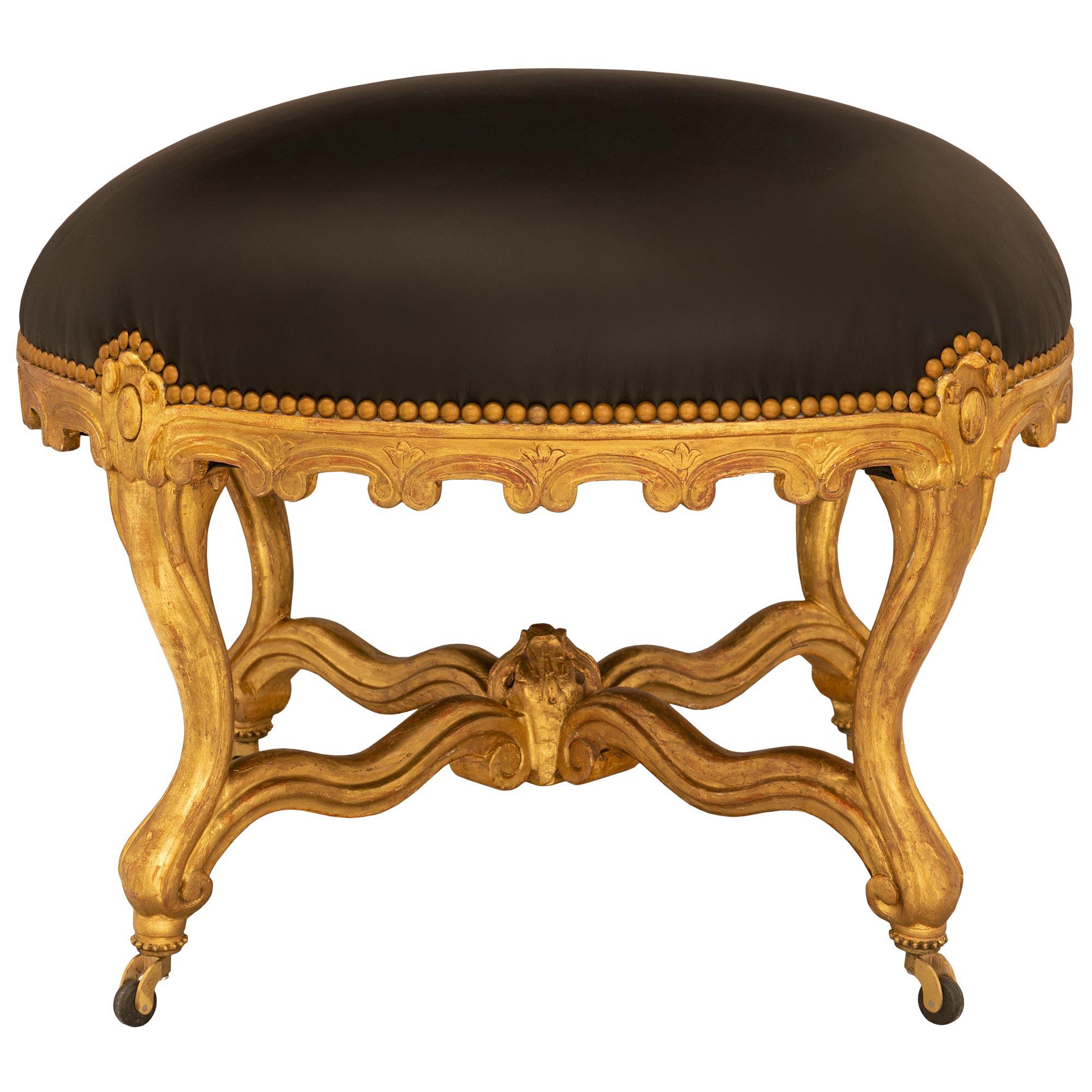 French, 19th Century, Louis XV St, Giltwood Stool In Good Condition For Sale In West Palm Beach, FL