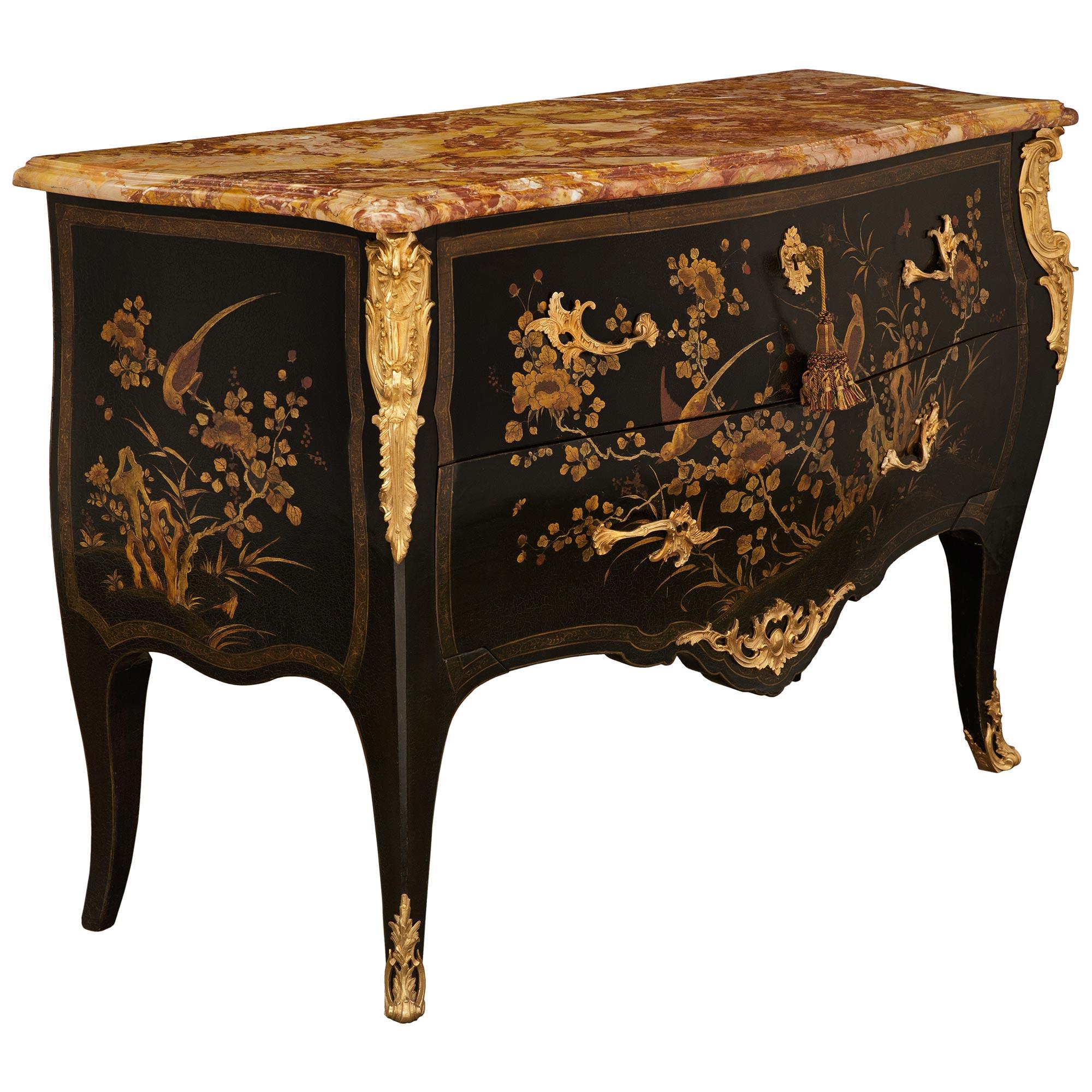 French 19th century Louis XV st. Japanese Lacquer, Ormolu and Marble commode In Good Condition For Sale In West Palm Beach, FL