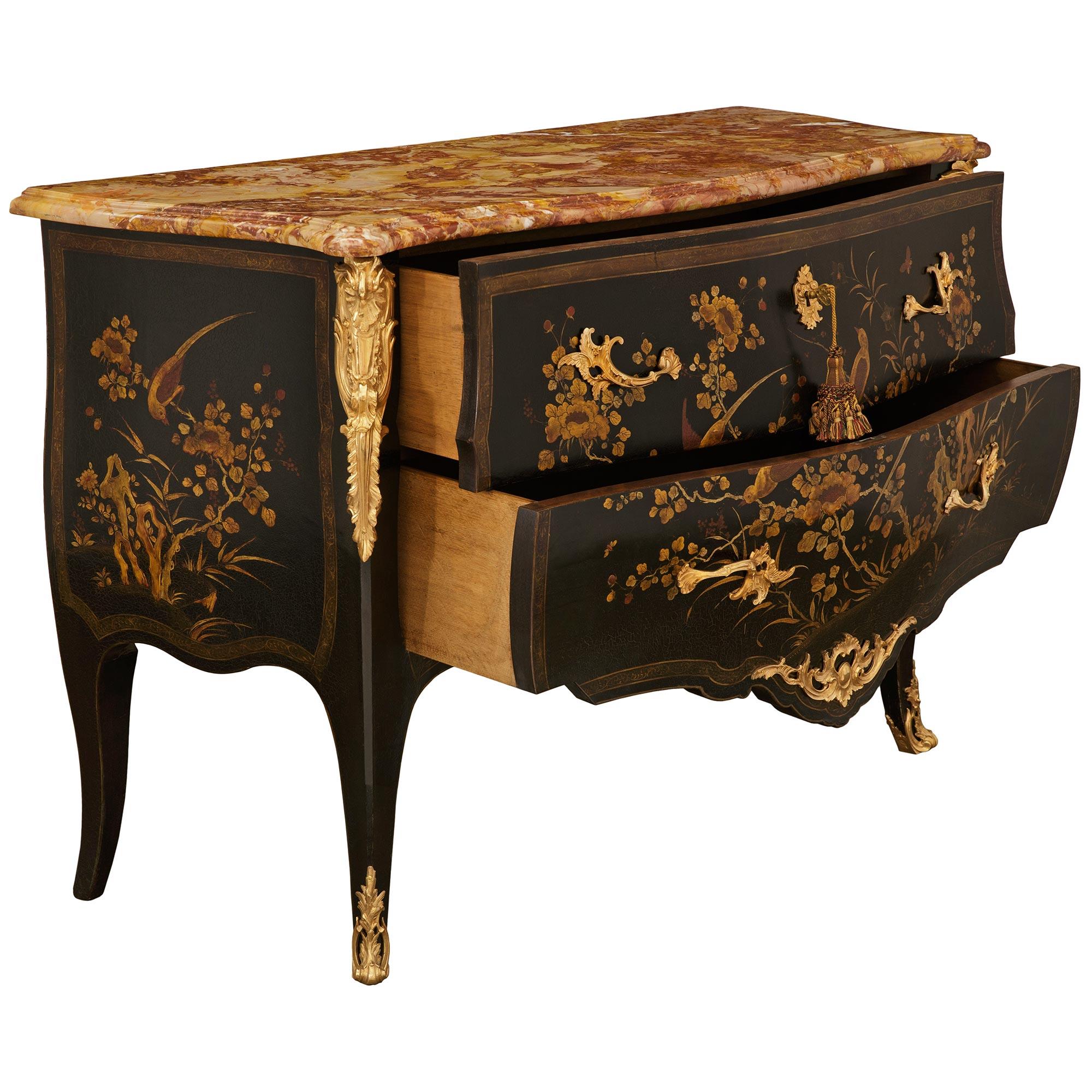 19th Century French 19th century Louis XV st. Japanese Lacquer, Ormolu and Marble commode For Sale