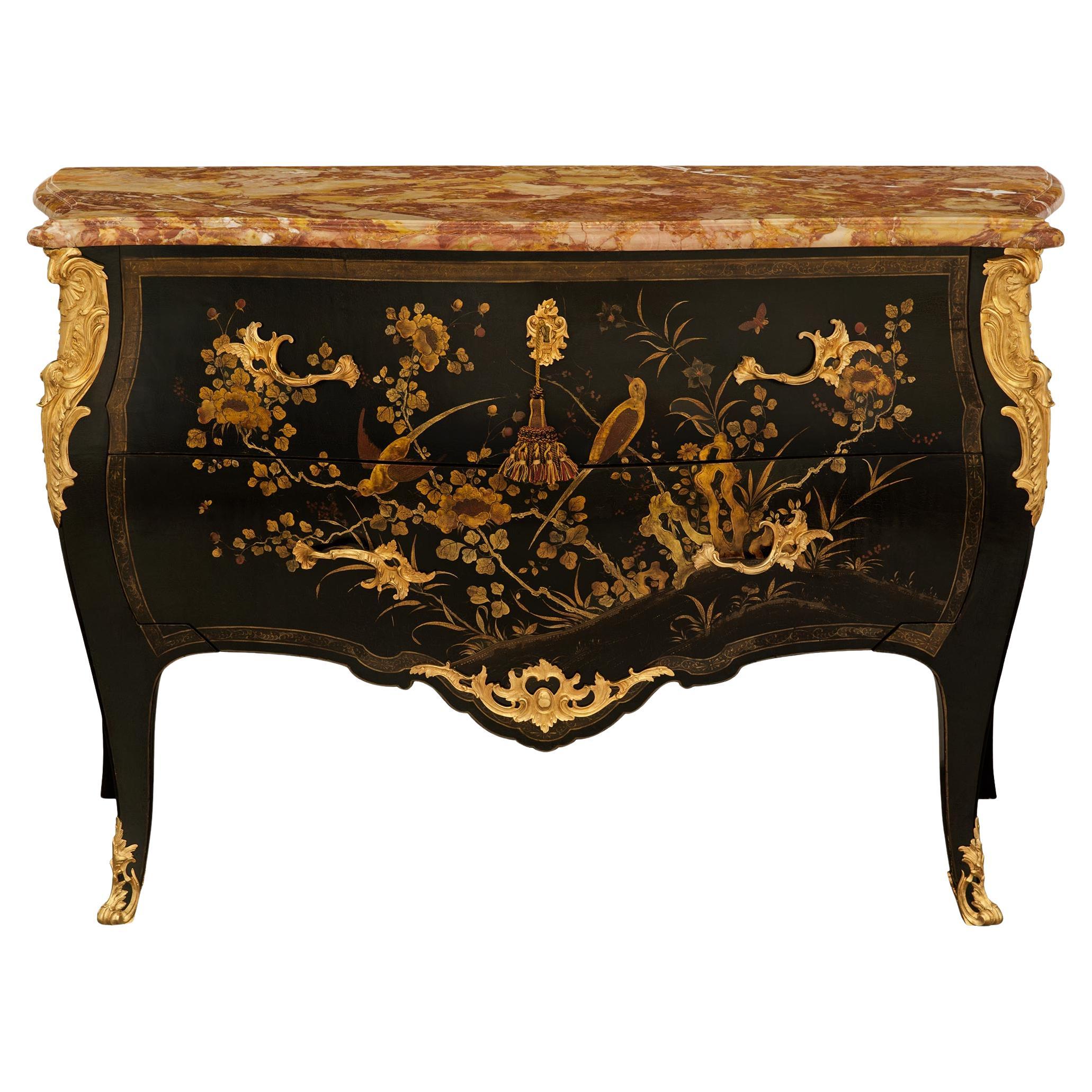 French 19th century Louis XV st. Japanese Lacquer, Ormolu and Marble commode For Sale