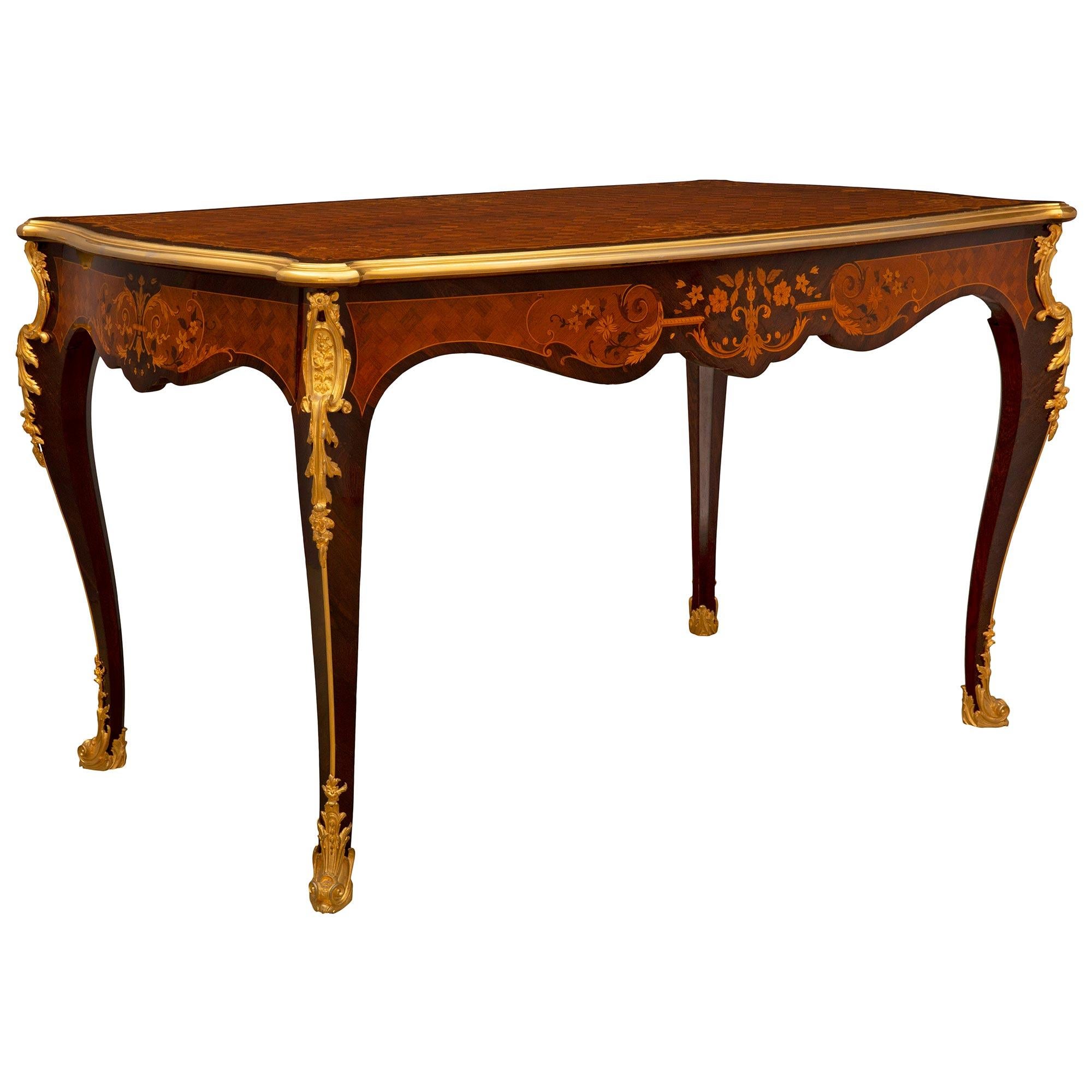 French 19th Century Louis XV St. Kingwood, Exotic Wood And Ormolu Center Table For Sale 1
