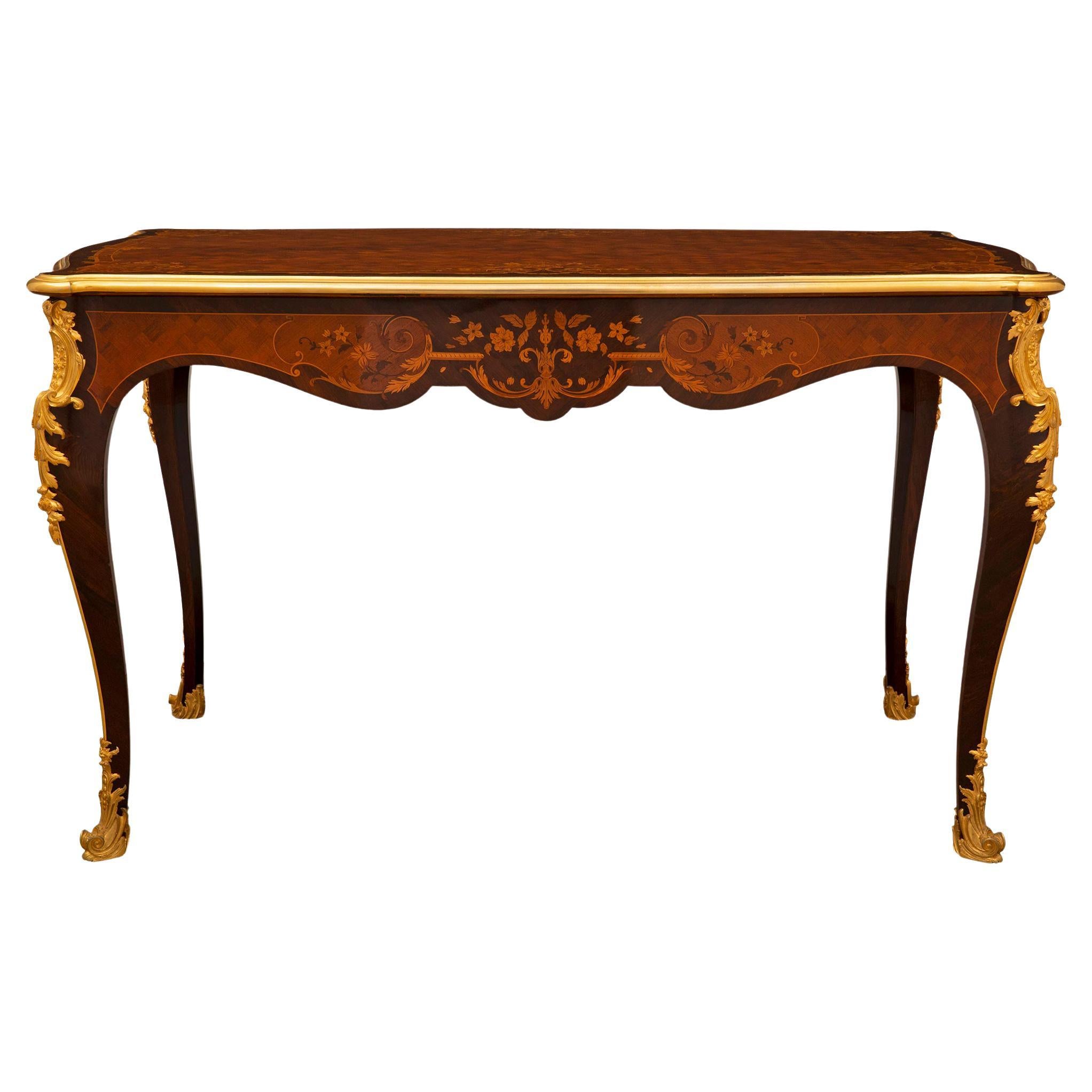 French 19th Century Louis XV St. Kingwood, Exotic Wood And Ormolu Center Table