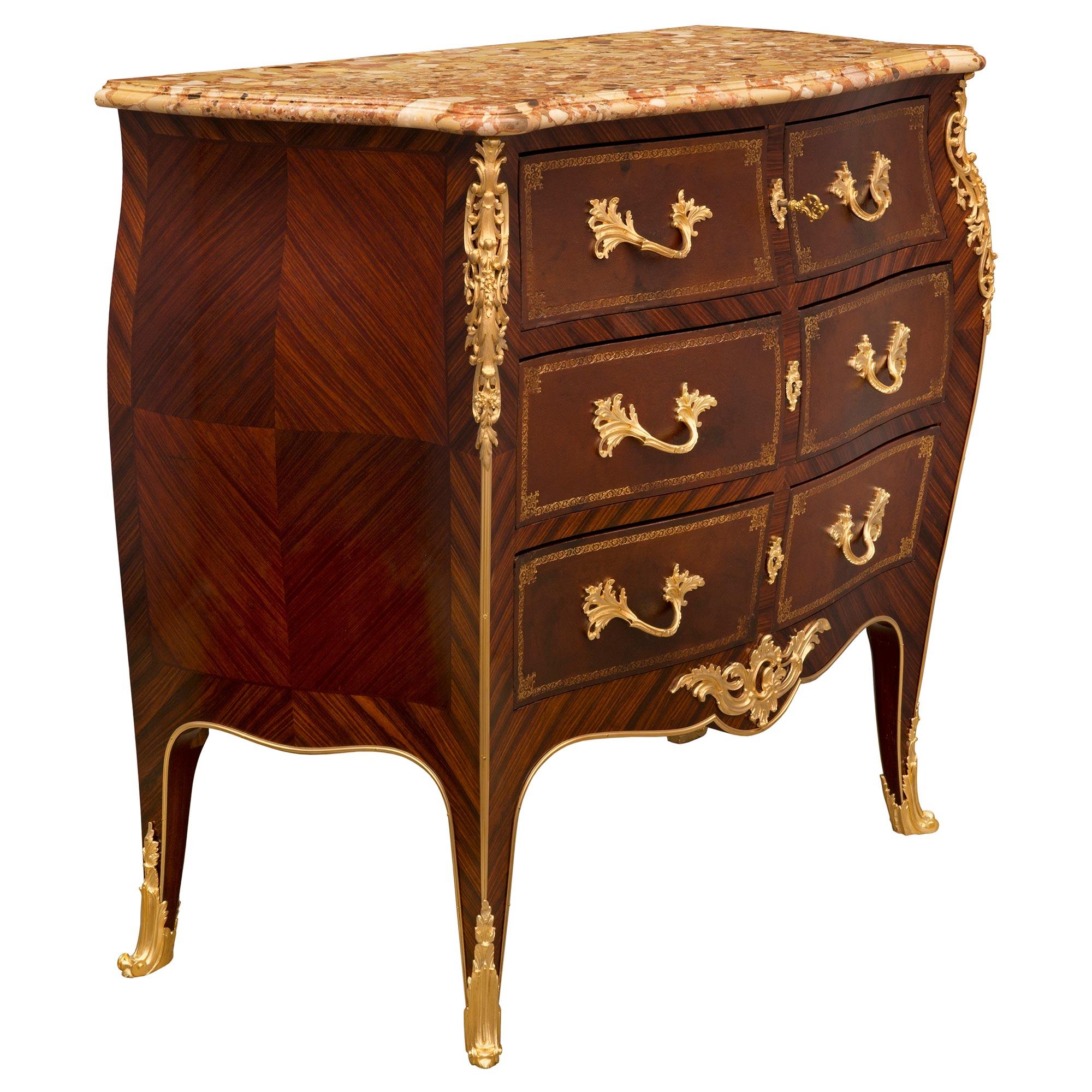 Belle Époque French 19th Century Louis XV St. Kingwood, Leather, Ormolu And Marble Commode For Sale