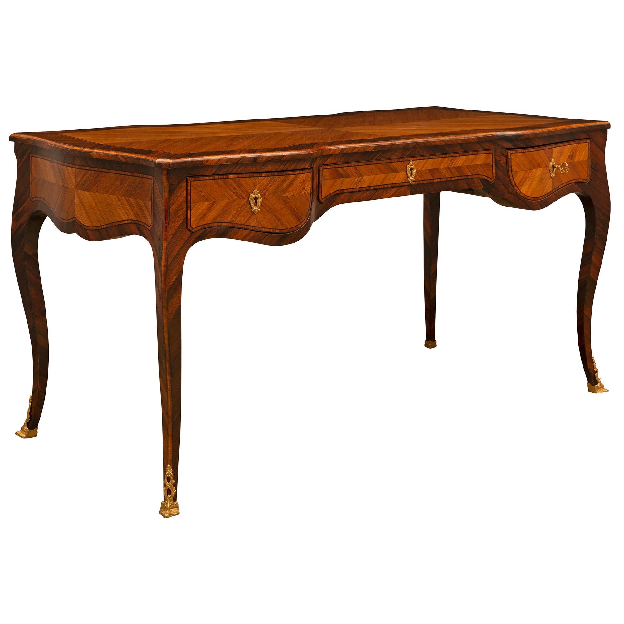 French 19th Century Louis XV St. Kingwood, Tulipwood and Ormolu Bureau Plat Desk 1