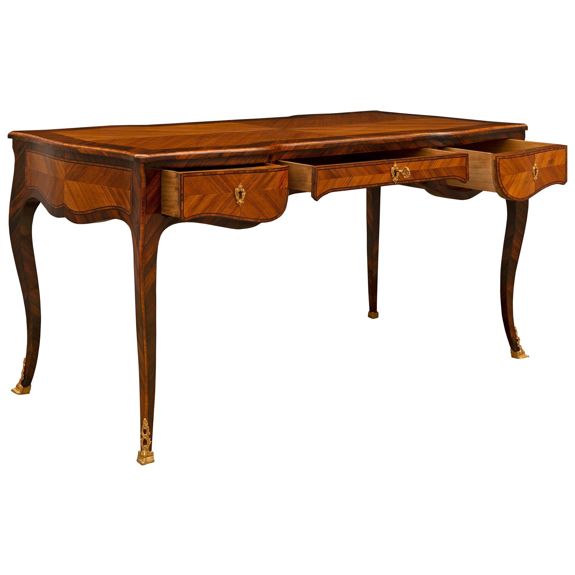 French 19th Century Louis XV St. Kingwood, Tulipwood and Ormolu Bureau Plat Desk 2