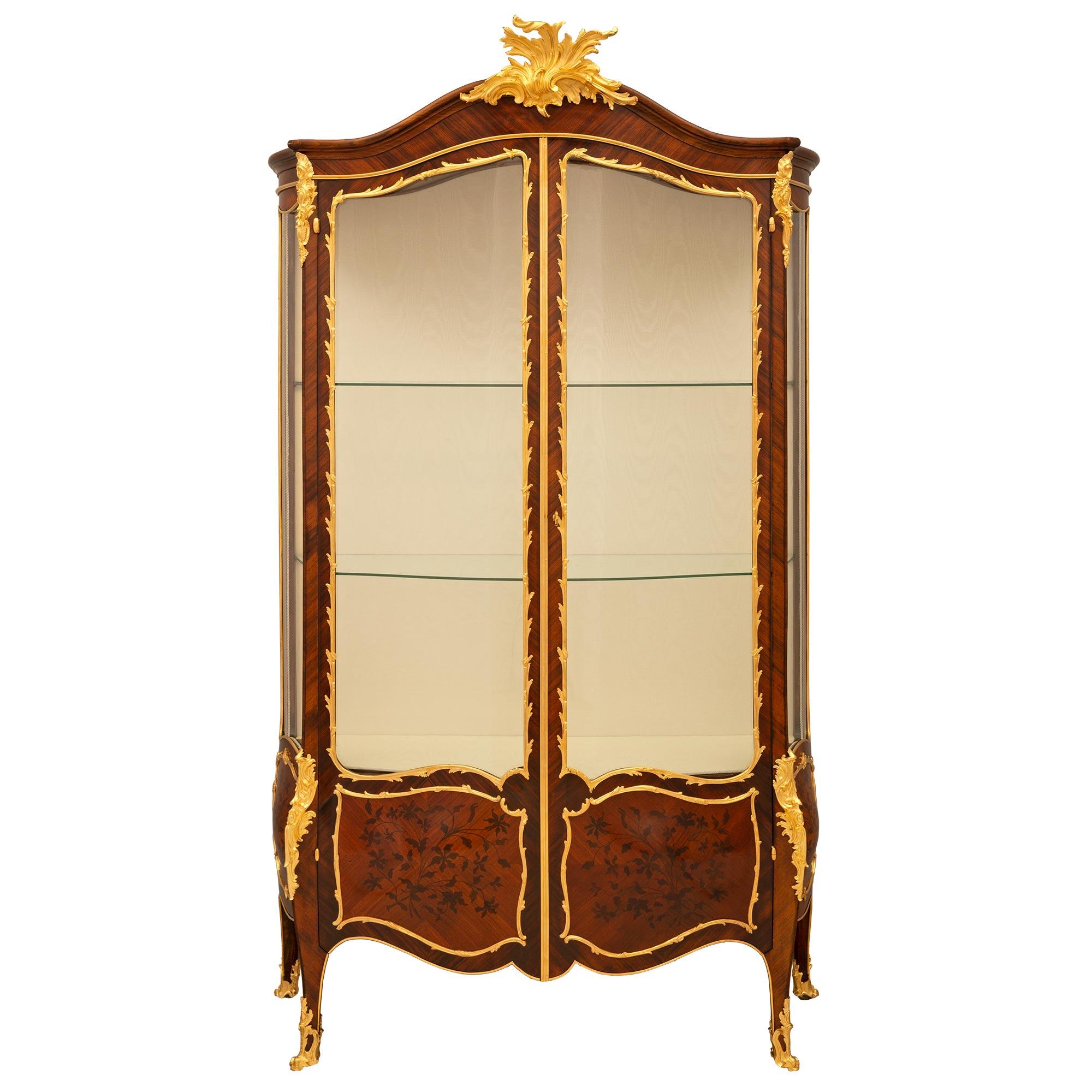 French 19th Century Louis XV St. Kingwood, Tulipwood and Ormolu Cabinet Vitrine For Sale 11