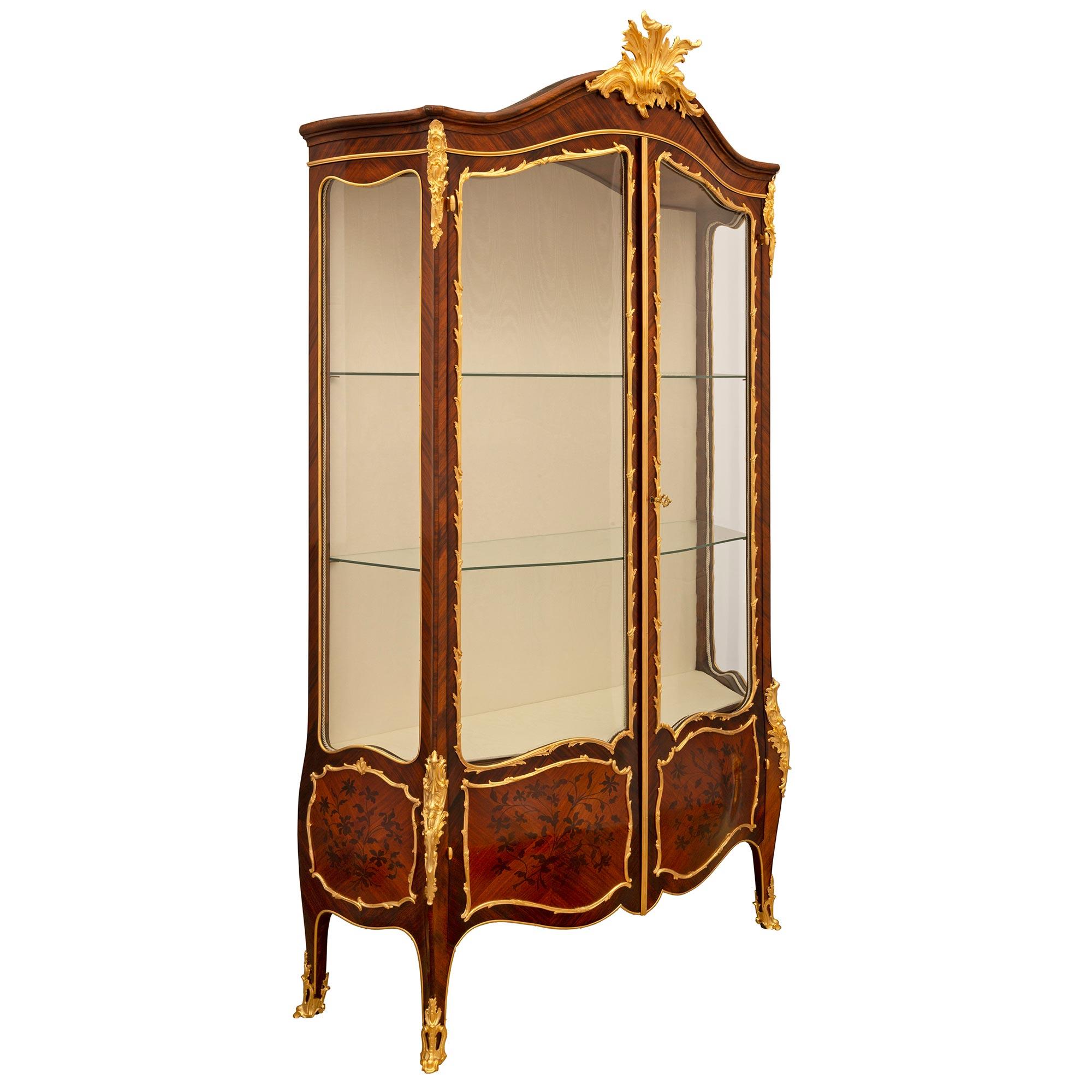 French 19th Century Louis XV St. Kingwood, Tulipwood and Ormolu Cabinet Vitrine In Good Condition For Sale In West Palm Beach, FL