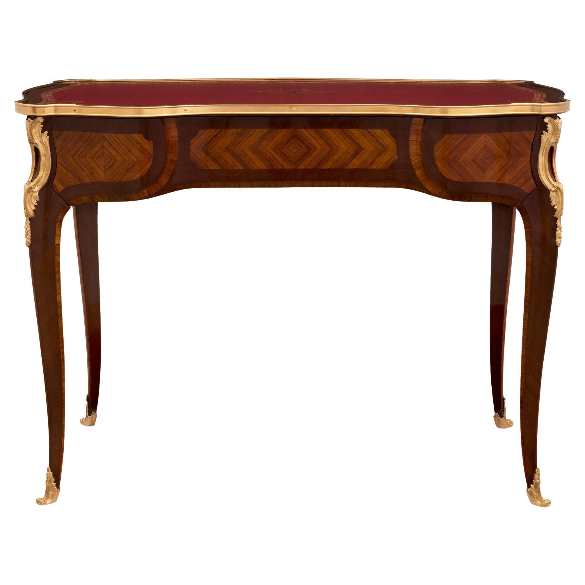 French 19th Century Louis XV St. Kingwood, Tulipwood and Ormolu Desk For Sale