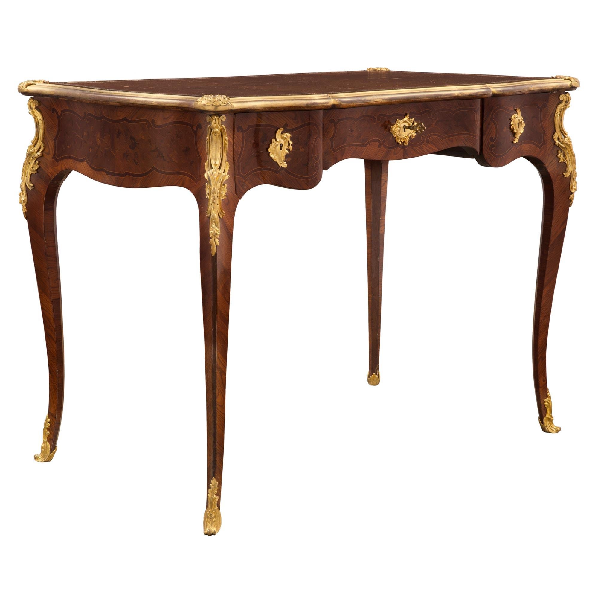 French 19th Century Louis XV Style Kingwood, Tulipwood, Ormolu and Leather Desk In Good Condition For Sale In West Palm Beach, FL