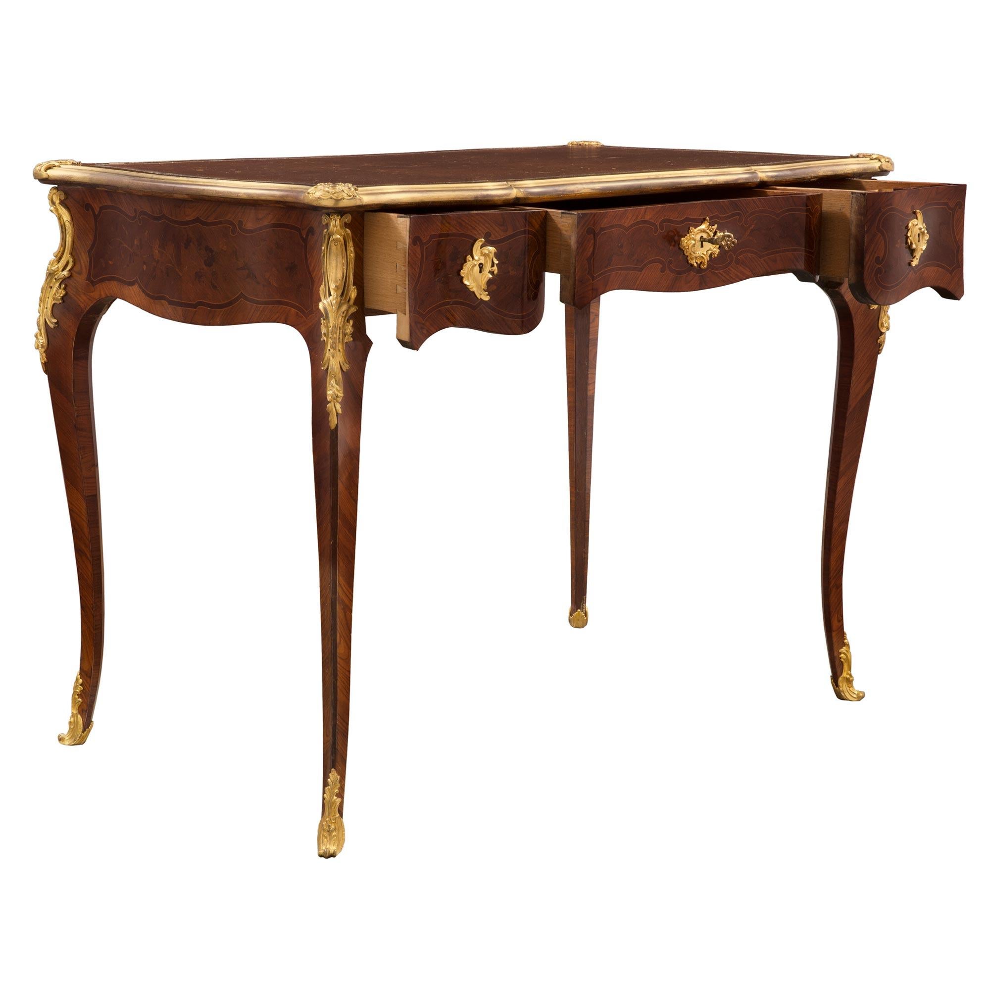 French 19th Century Louis XV Style Kingwood, Tulipwood, Ormolu and Leather Desk For Sale 1
