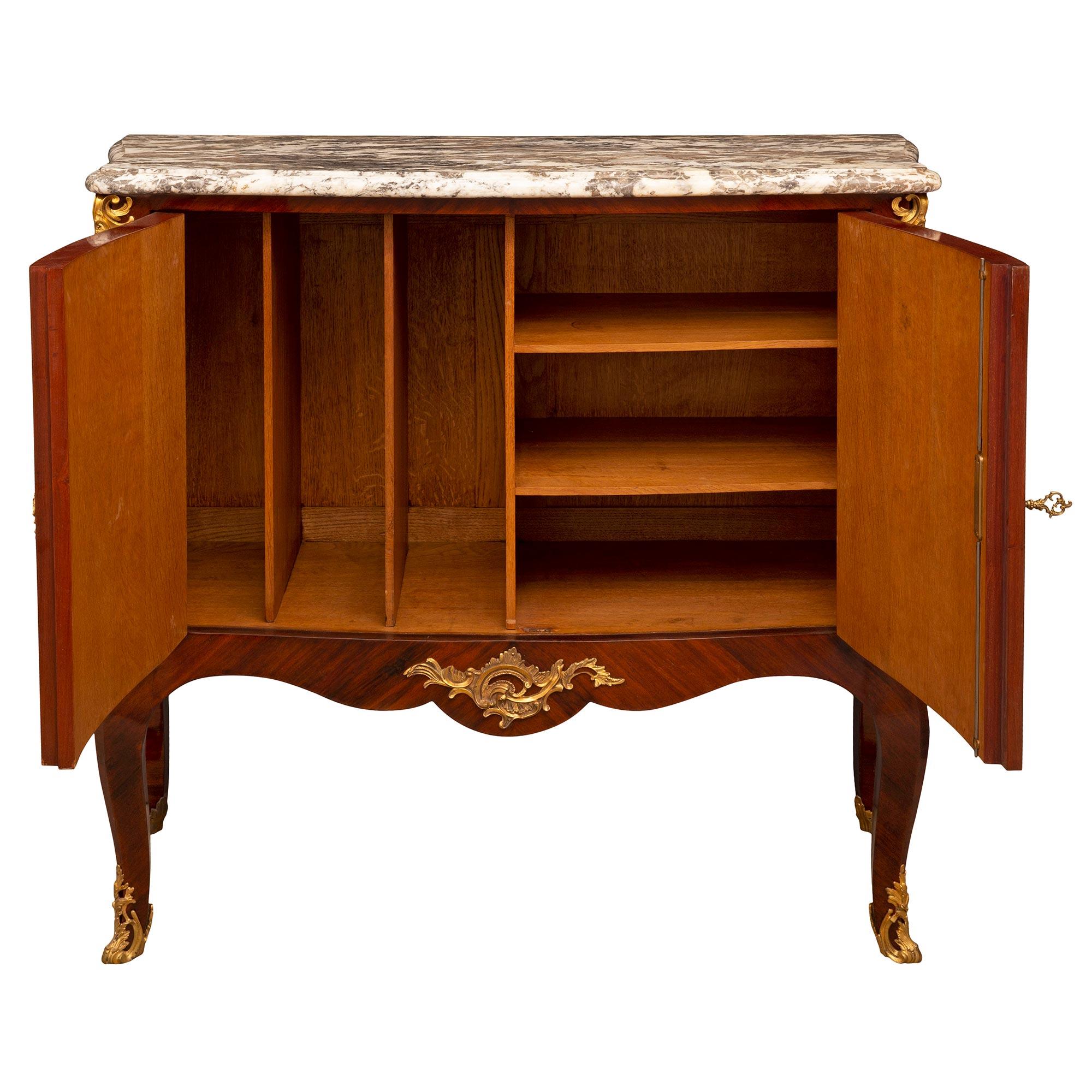 French 19th Century Louis XV St. Kingwood, Tulipwood, Ormolu and Marble Cabinet For Sale 1