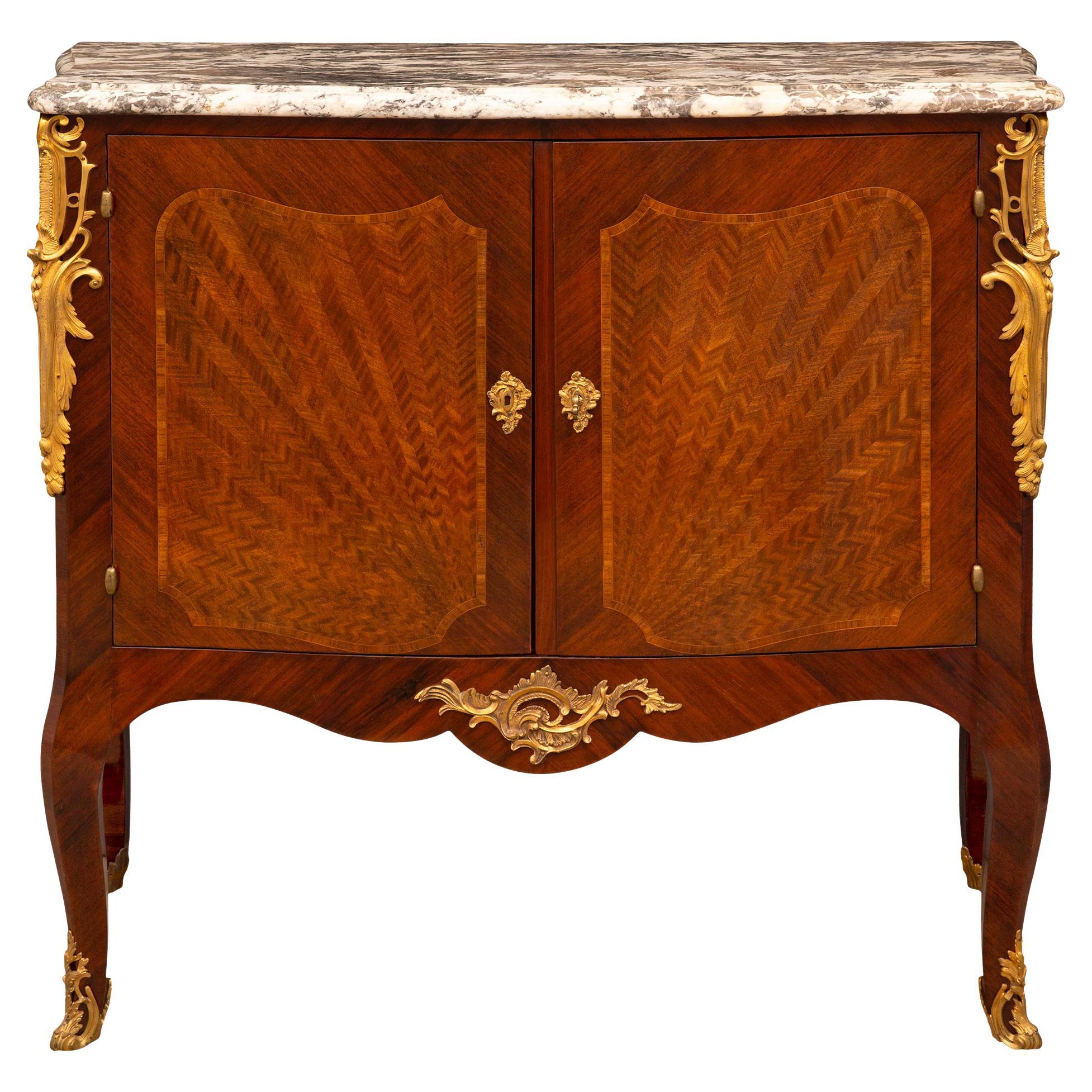 French 19th Century Louis XV St. Kingwood, Tulipwood, Ormolu and Marble Cabinet For Sale