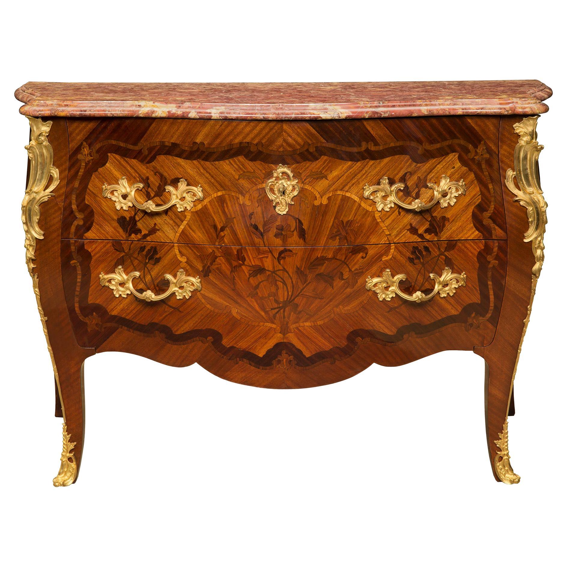 French 19th Century Louis XV St. Kingwood, Tulipwood, Ormolu and Marble Chest
