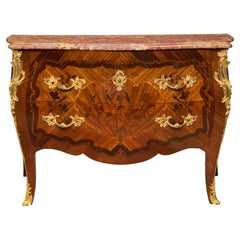 Antique French 19th Century Louis XV St. Kingwood, Tulipwood, Ormolu and Marble Chest