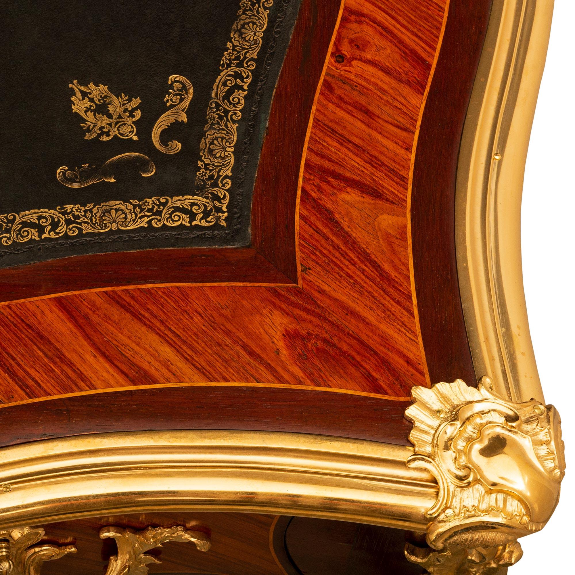 French 19th Century Louis XV St. Mahogany, Tulipwood and Ormolu Bureau Plat Desk For Sale 5