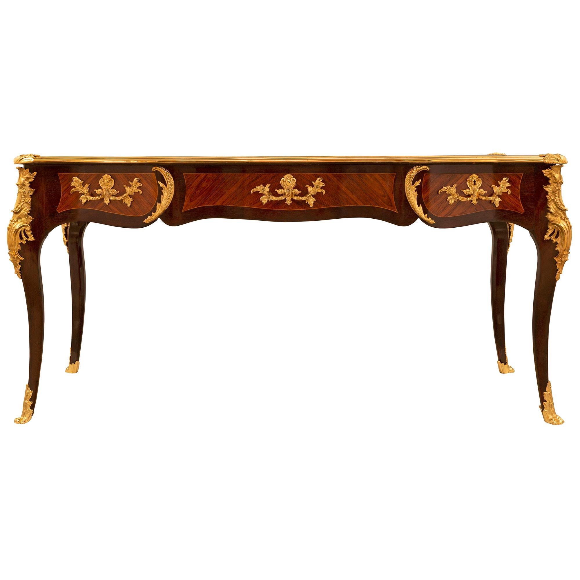 French 19th Century Louis XV St. Mahogany, Tulipwood and Ormolu Bureau Plat Desk For Sale 7