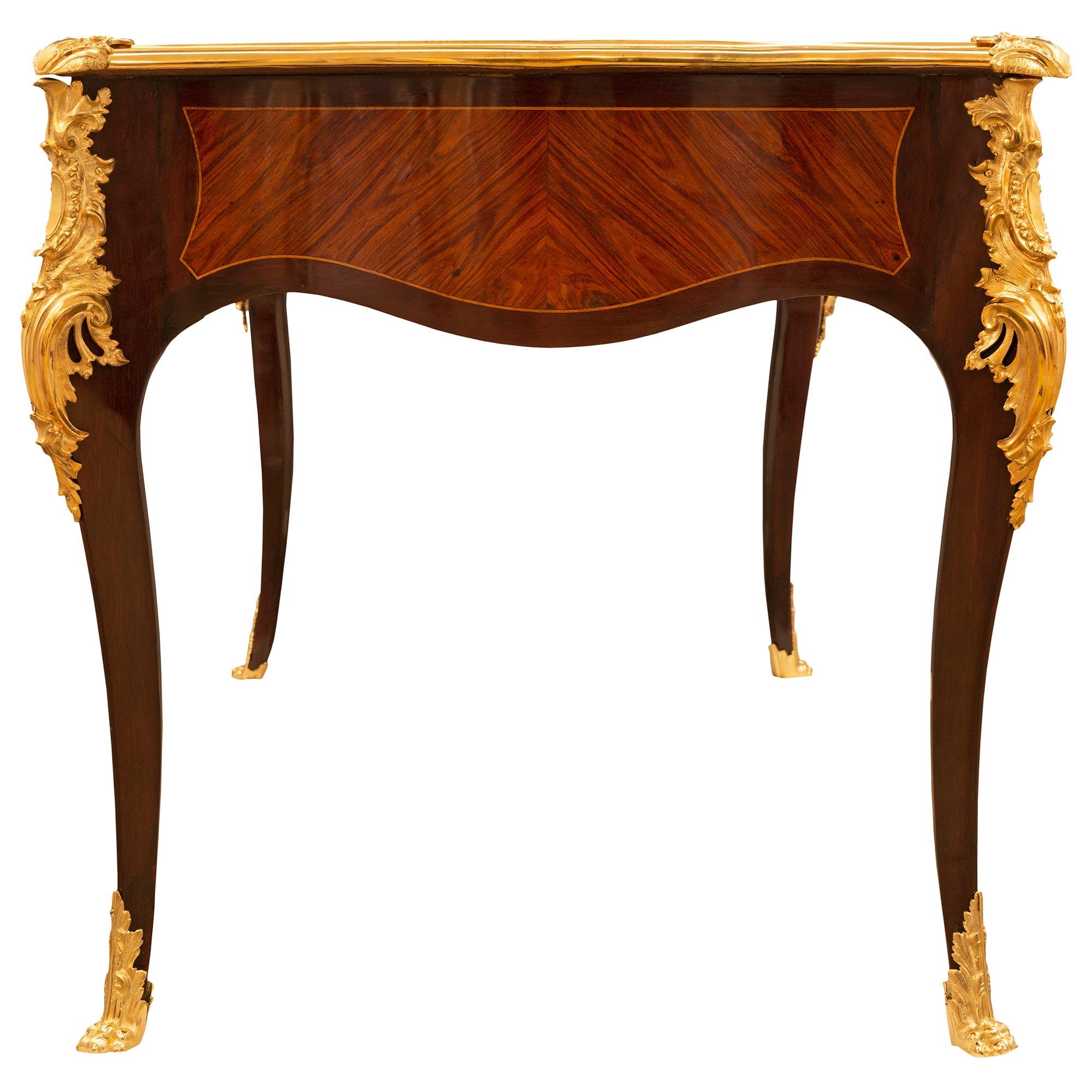 French 19th Century Louis XV St. Mahogany, Tulipwood and Ormolu Bureau Plat Desk In Good Condition For Sale In West Palm Beach, FL
