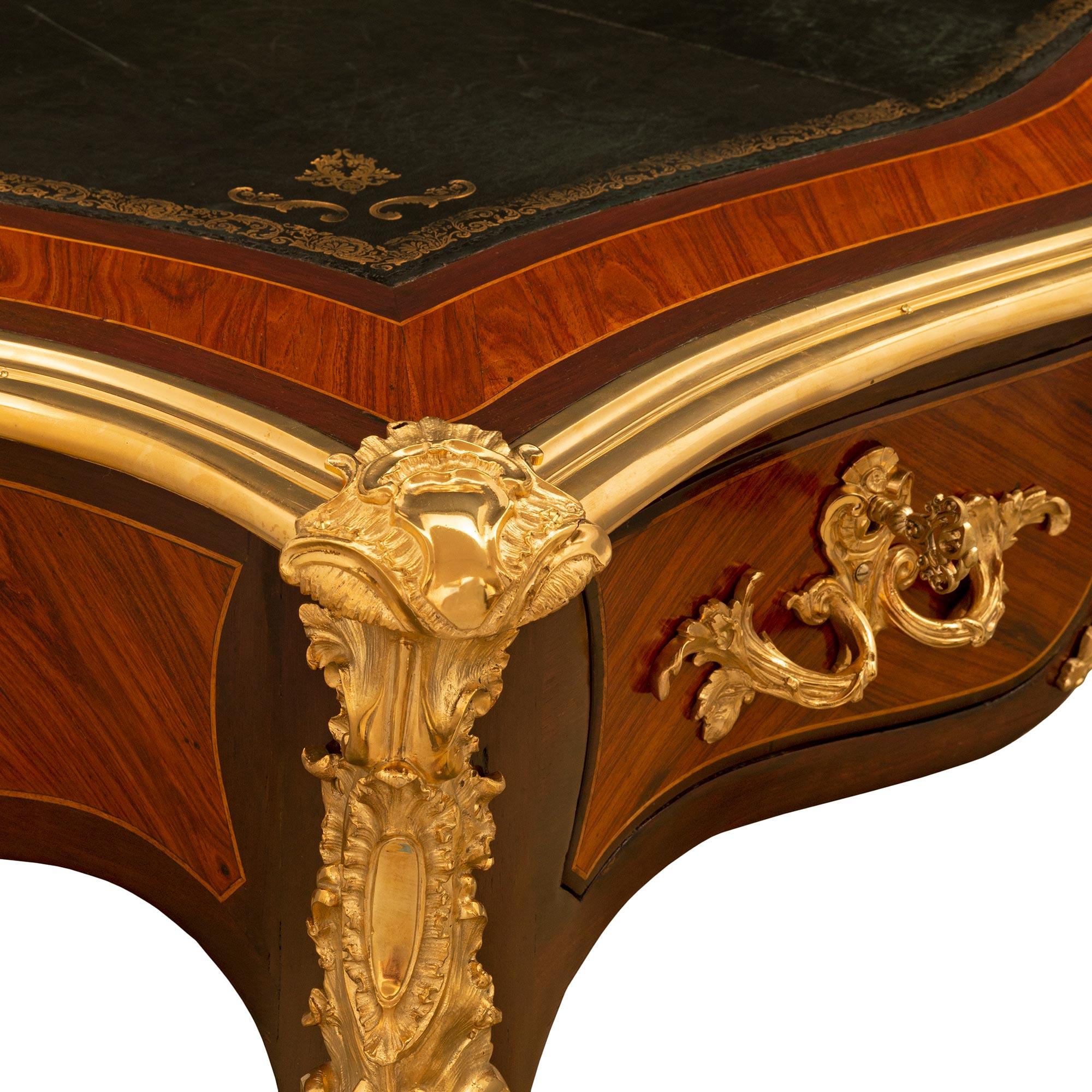 Leather French 19th Century Louis XV St. Mahogany, Tulipwood and Ormolu Bureau Plat Desk For Sale