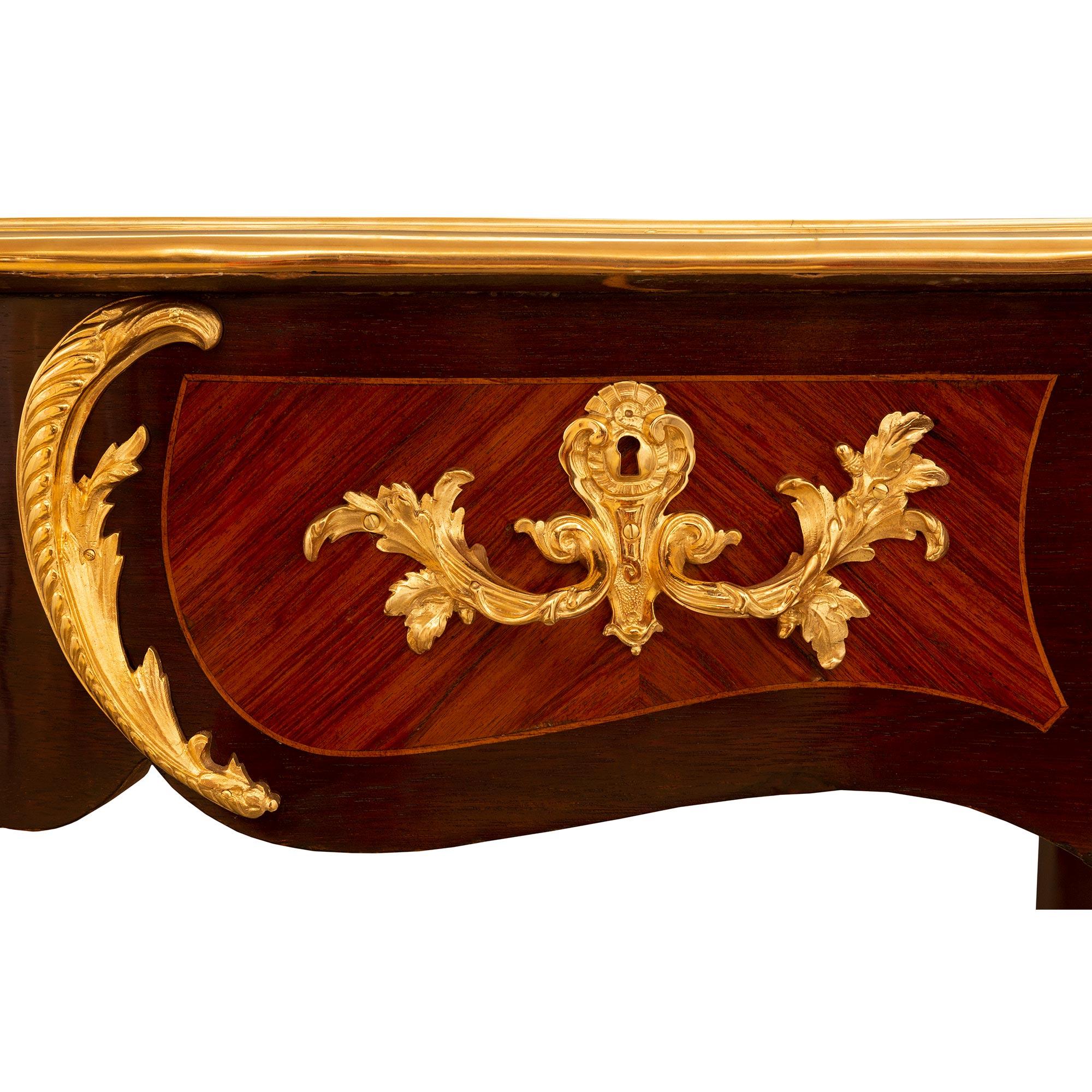 French 19th Century Louis XV St. Mahogany, Tulipwood and Ormolu Bureau Plat Desk For Sale 1