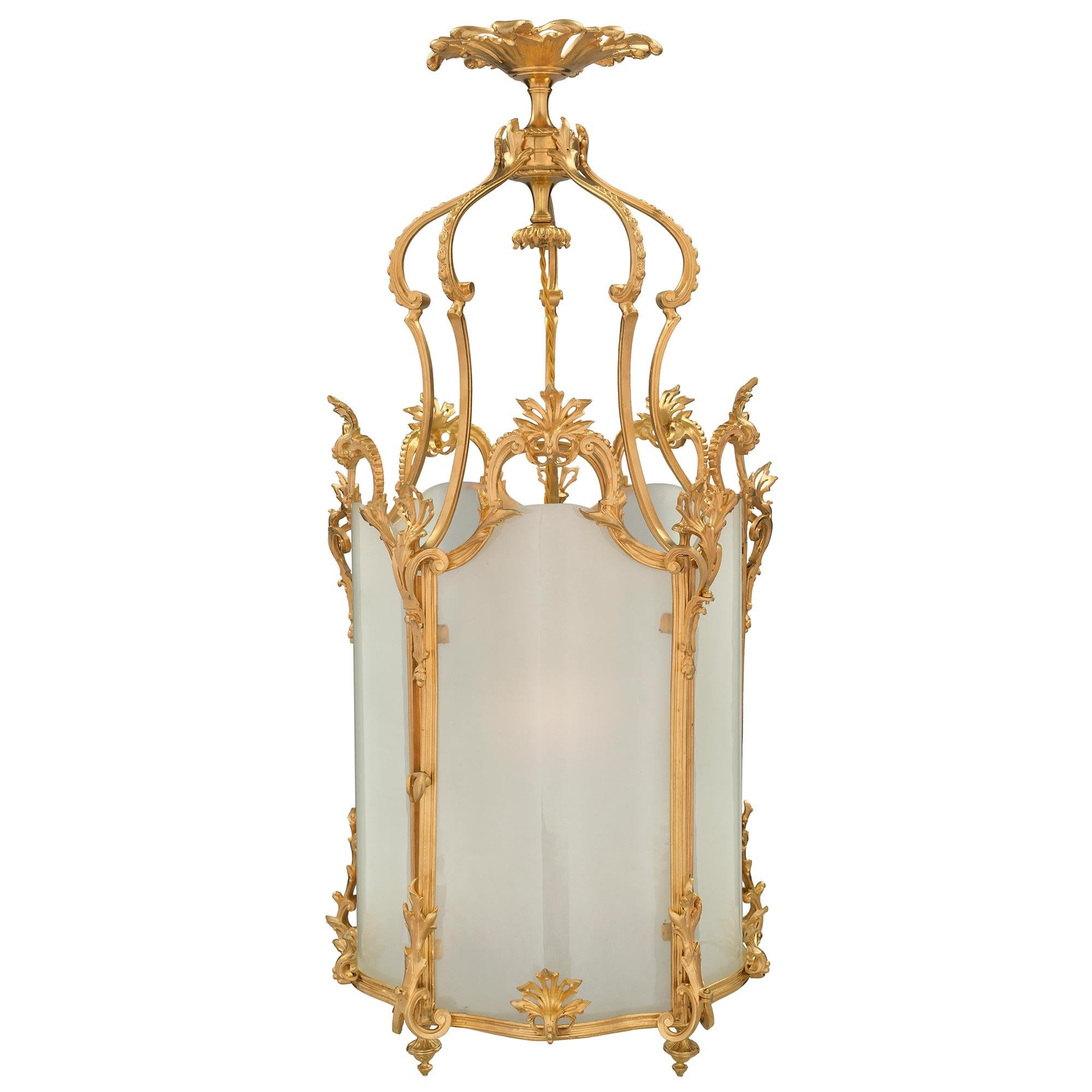 French 19th Century Louis XV St. Ormolu and Frosted Glass Pentagonal Lantern