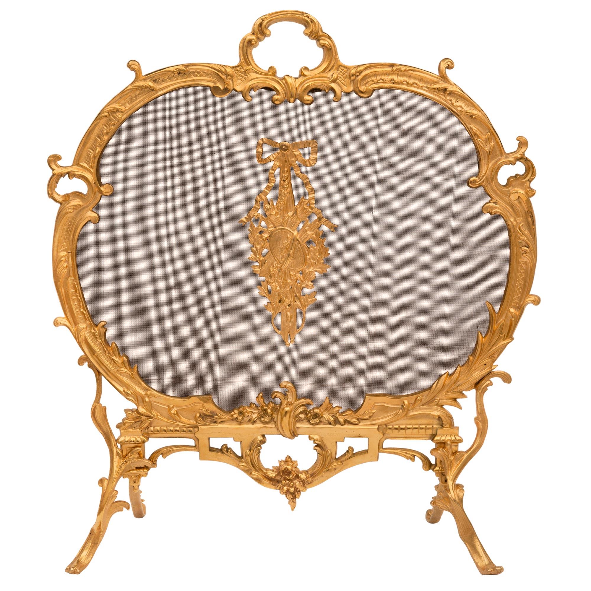 French 19th Century Louis XV St. Ormolu and Mesh Fire Screen For Sale