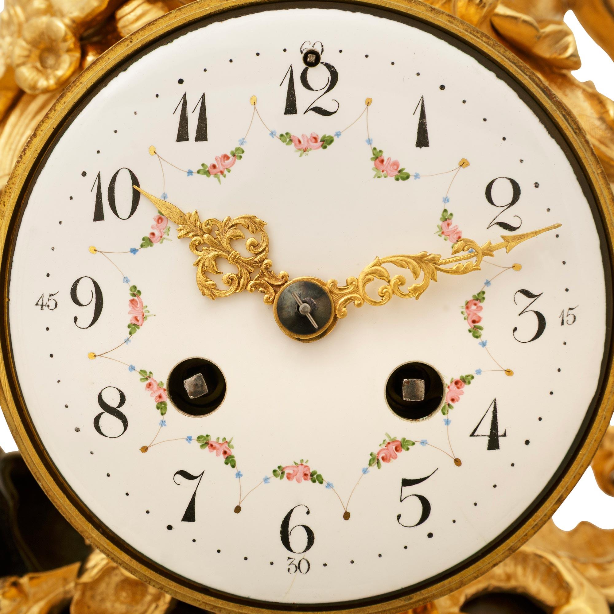 French 19th century Louis XV st. Ormolu and patinated Bronze clock For Sale 2