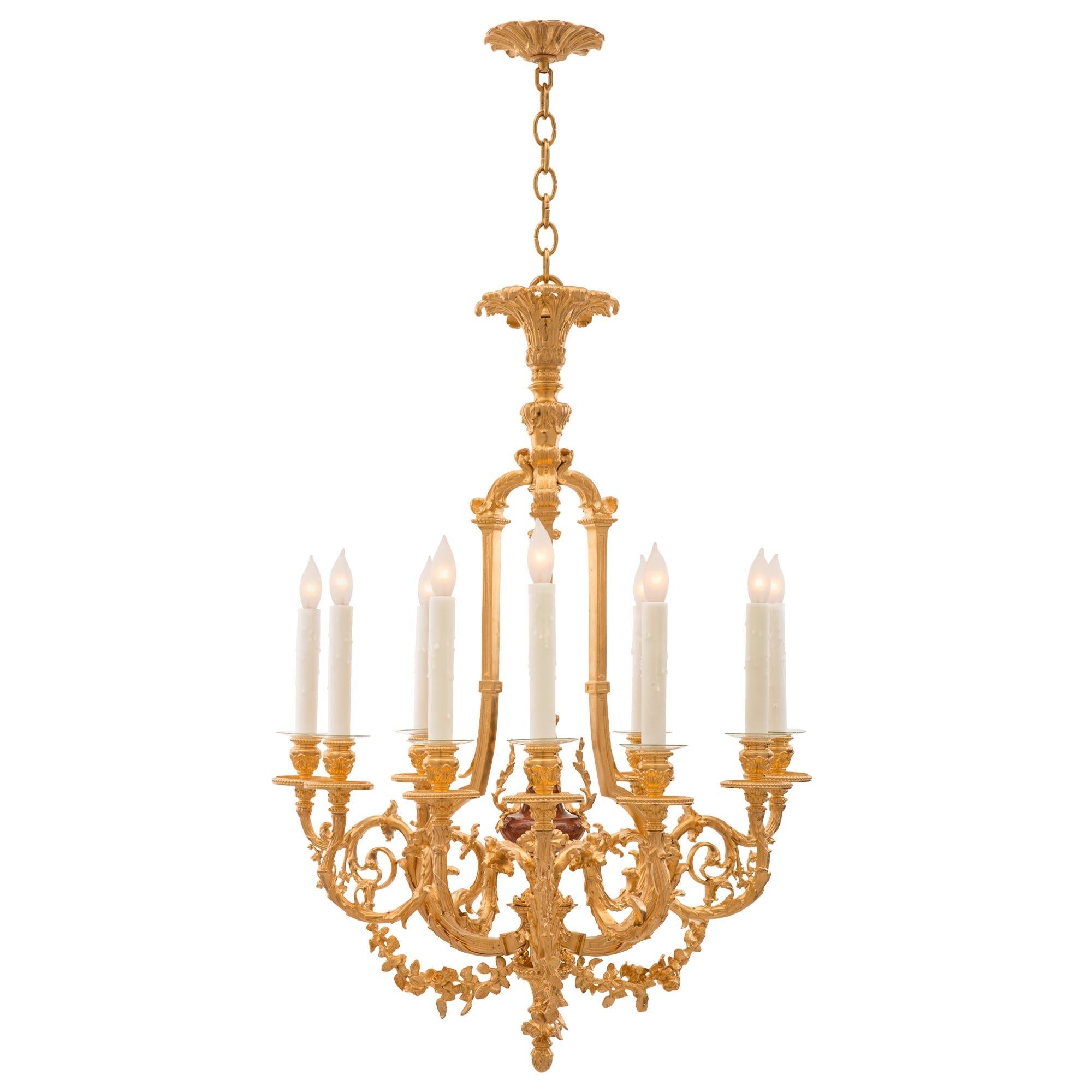 French 19th Century Louis XV St. Ormolu and Rouge Royale Marble Chandelier In Good Condition For Sale In West Palm Beach, FL