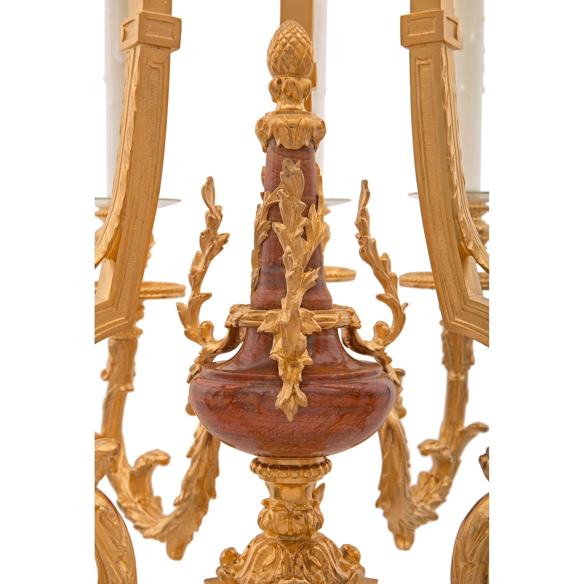 French 19th Century Louis XV St. Ormolu and Rouge Royale Marble Chandelier For Sale 4