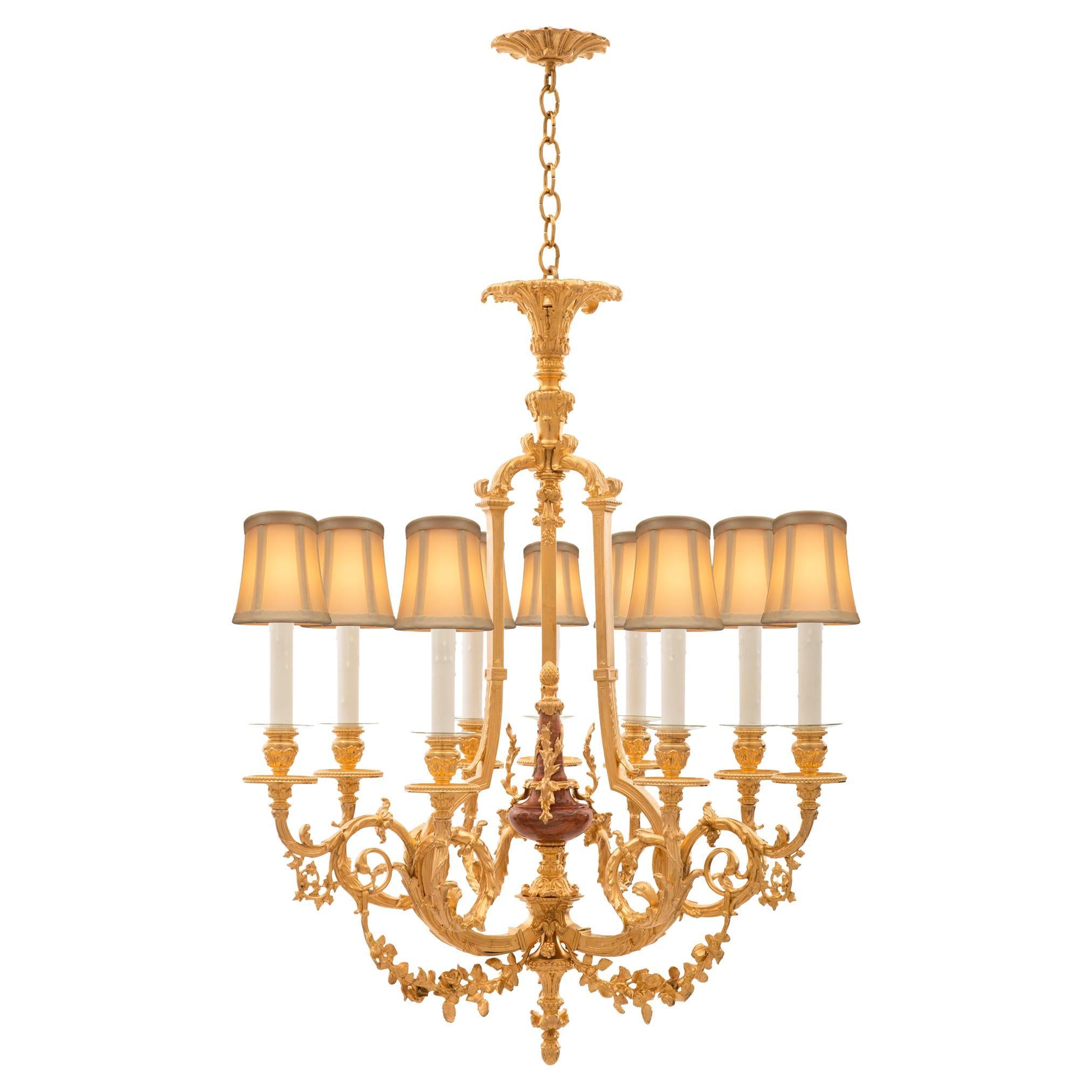 French 19th Century Louis XV St. Ormolu and Rouge Royale Marble Chandelier For Sale