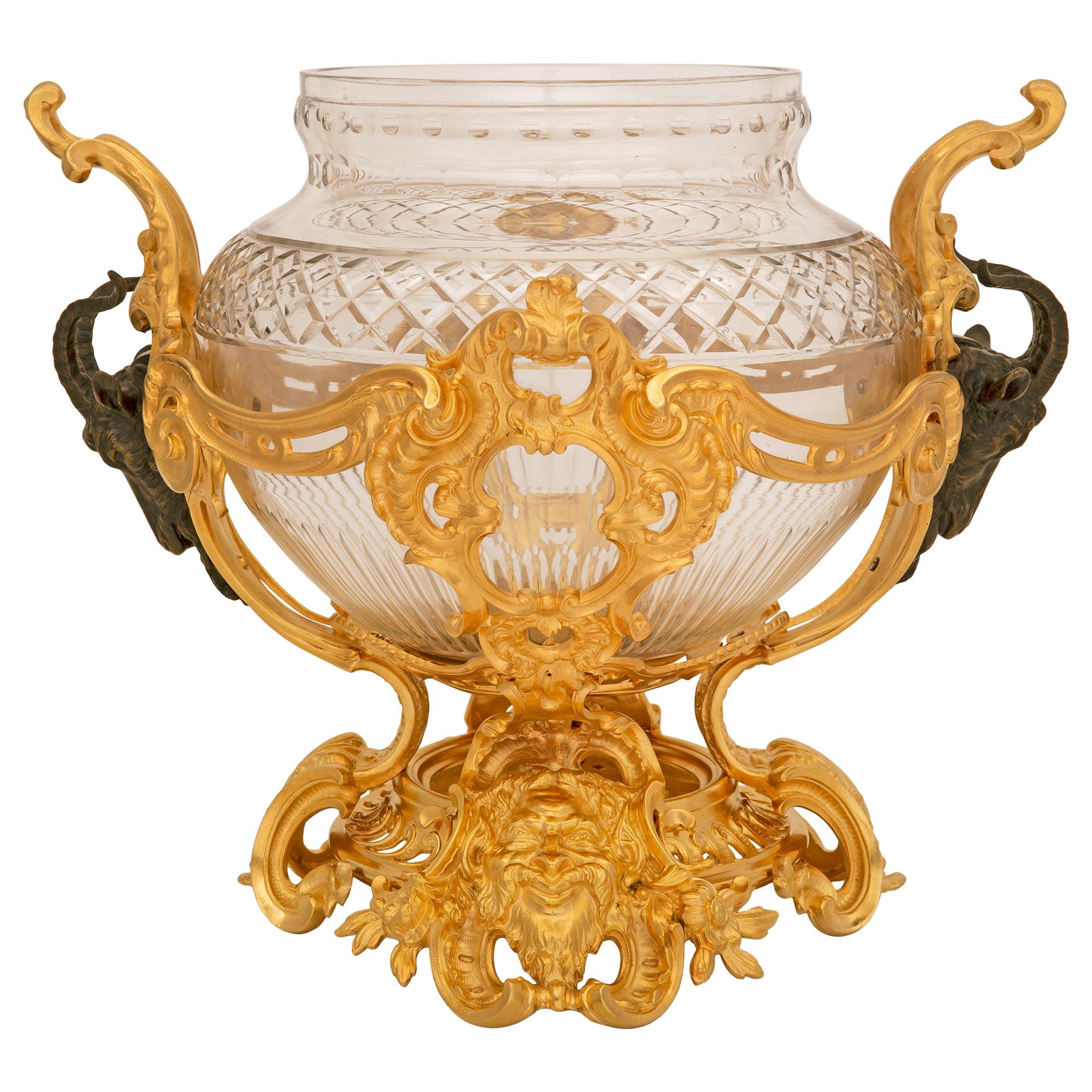 Patinated French 19th Century Louis XV St. Ormolu, Bronze and Baccarat Crystal Centerpiece For Sale