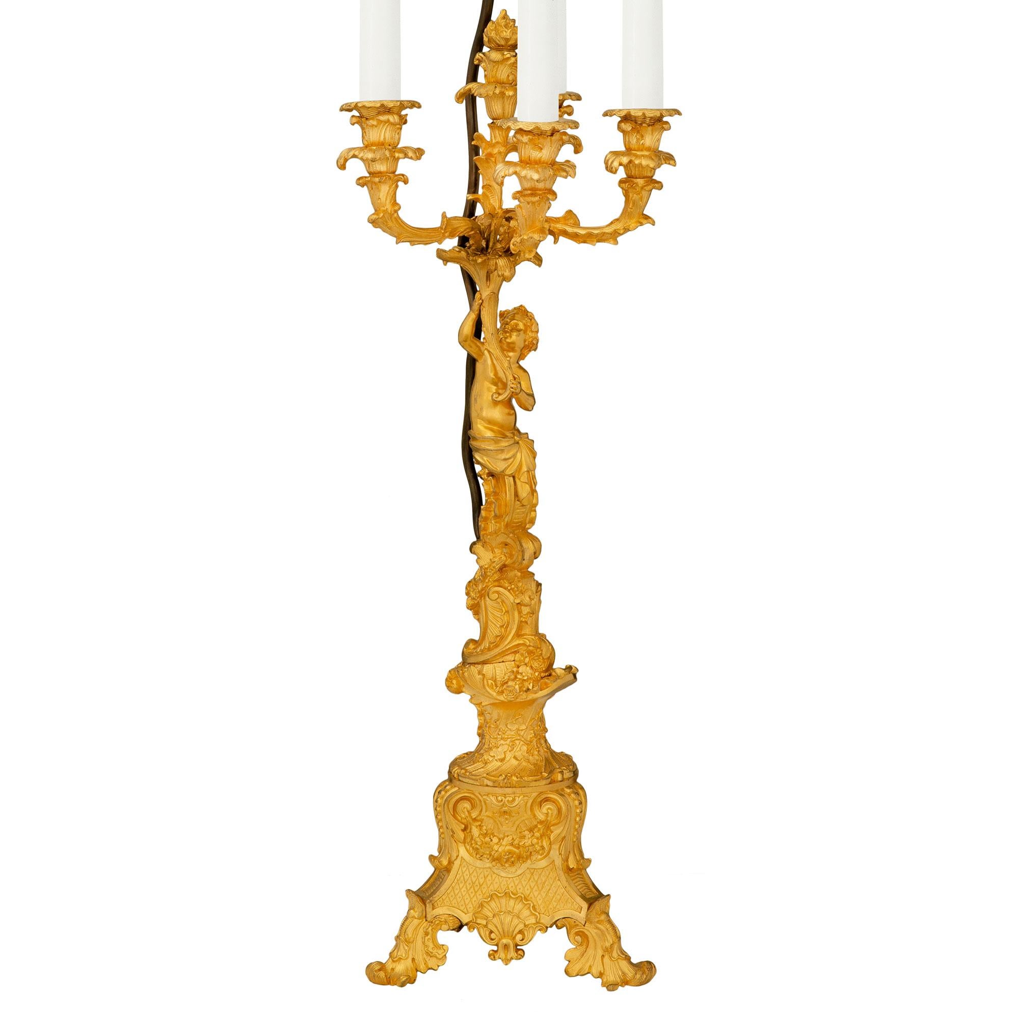 French 19th Century Louis XV St. Ormolu Candelabras Mounted into Lamps In Good Condition For Sale In West Palm Beach, FL