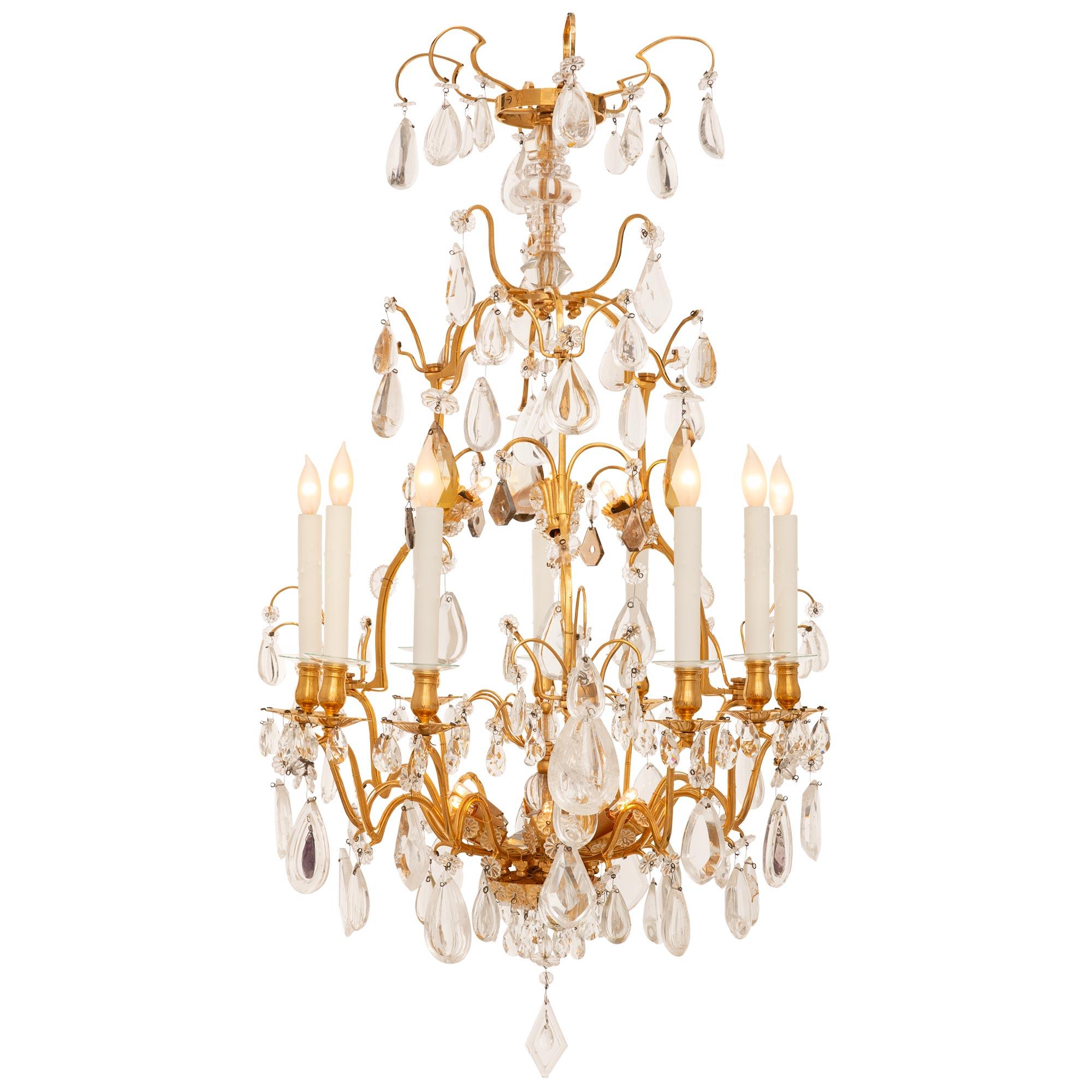 French 19th Century Louis XV St. Ormolu, Crystal And Rock Crystal Chandelier In Good Condition For Sale In West Palm Beach, FL